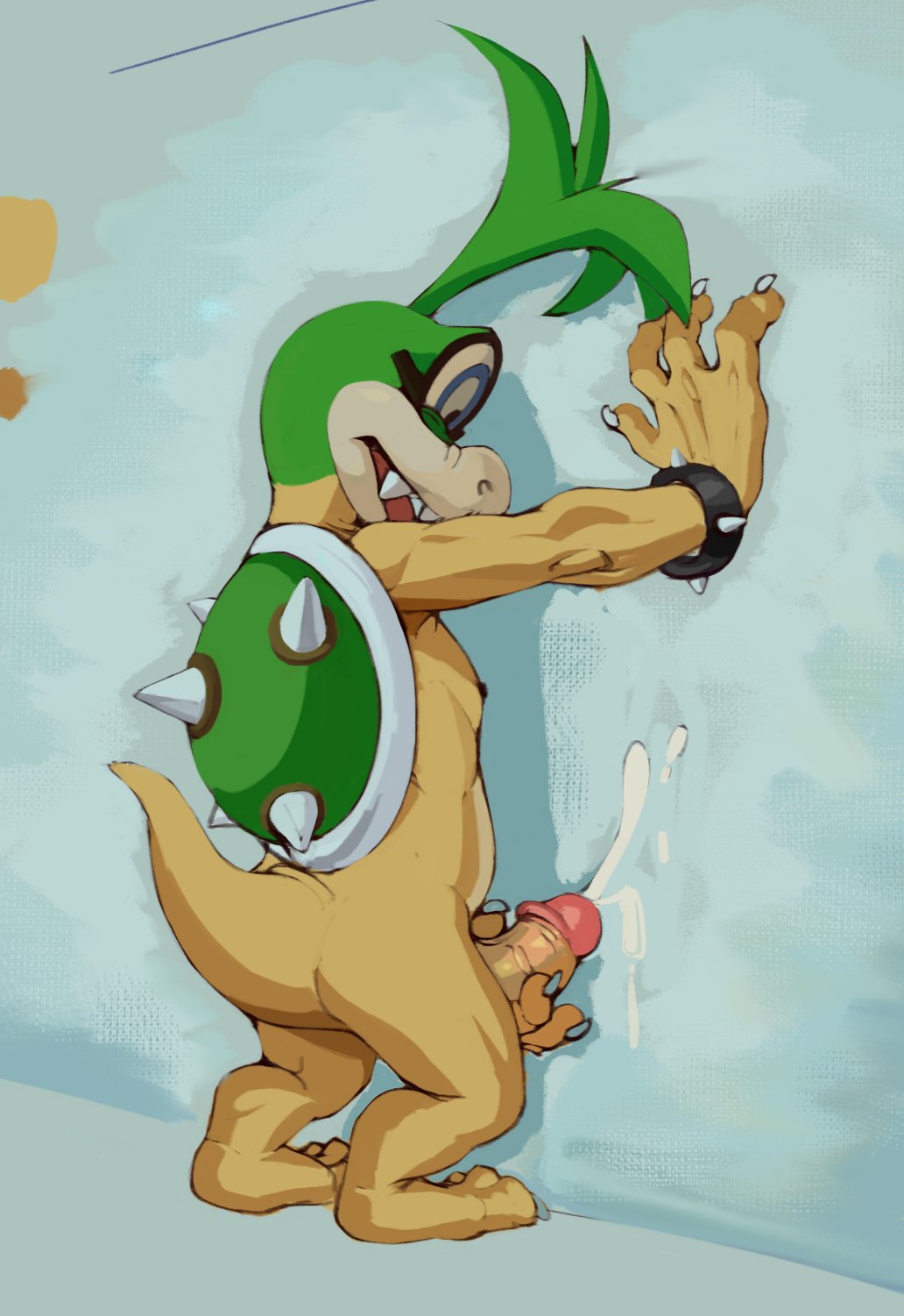 2019 anthro ass barefoot blue_eyes bodily_fluids claws cum cumshot ejaculation erection eyewear fangs genital_fluids glasses green_hair hair hi_res humanoid_penis iggy_koopa koopa koopaling long_hair looking_down male male_only mario_(series) masturbation nintendo nude open_mouth orgasm penis scalie seyrmo sharp_claws sharp_teeth shell solo spikes standing teeth toe_claws tongue vein veiny_penis video_games yellow_body yellow_penis yellow_skin