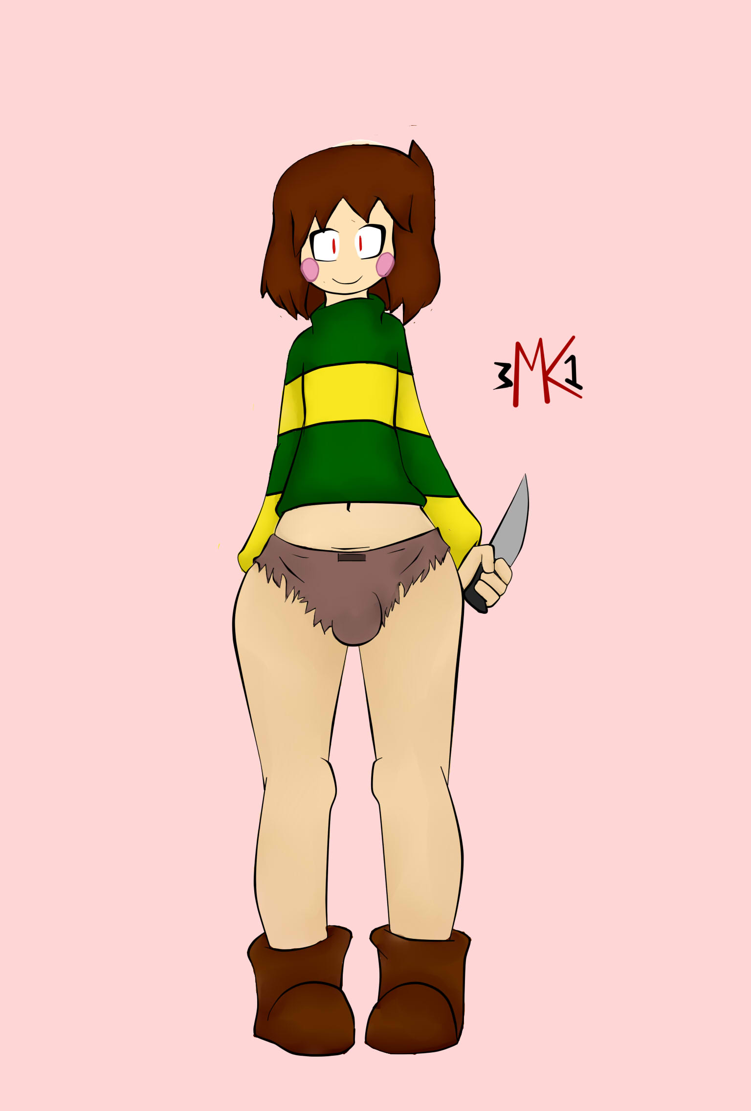 ass, big ass, blush, boots, brown hair, bulge, chara, clothed, femboy, femboy chara, male, male chara, solo, standing, thick thighs, undertale