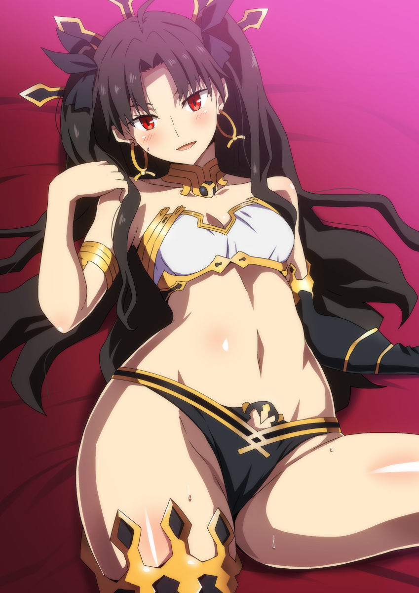 asymmetrical gloves, asymmetrical legwear, bangs, bare shoulders, bed sheet, bikini, black bikini bottom, black hair, blush, breasts, collar, detached sleeves, fate (series), fate/grand order, female, hair ornament, hair ribbon, hera (hara0742), ishtar (fate), jewelry, looking at viewer, red eyes, tagme, twintails, white bikini top