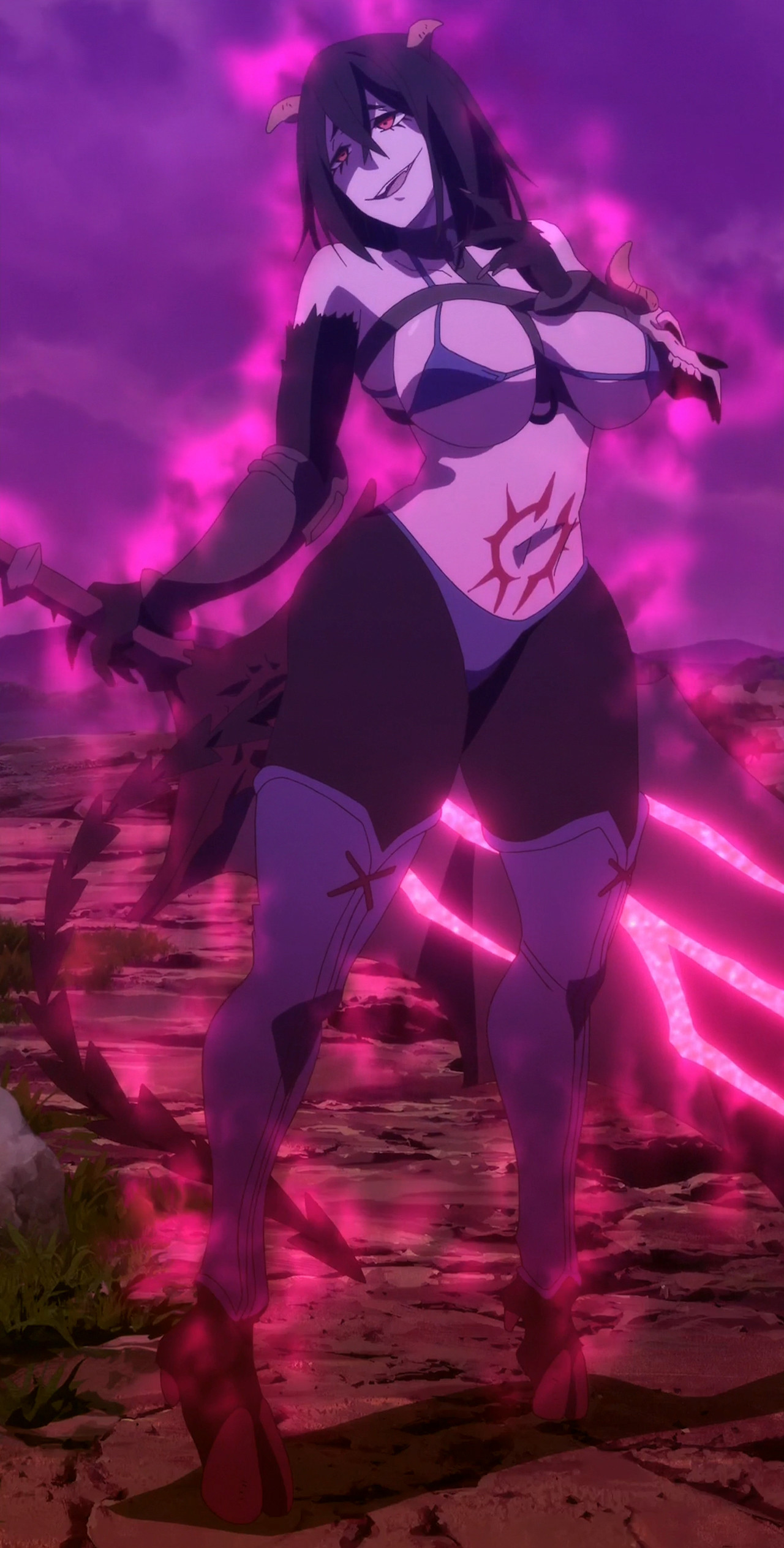 1girls, abs, ass, big ass, big breasts, black hair, bra, breasts, chaos machina, clothed, demon, demon girl, demon horns, female, female only, glowing, hooves, horns, kono yuusha ga ore tueee kuse ni shinchou sugiru, monster girl, panties, red eyes, screencap, screenshot, solo, sword, thick thighs, underwear