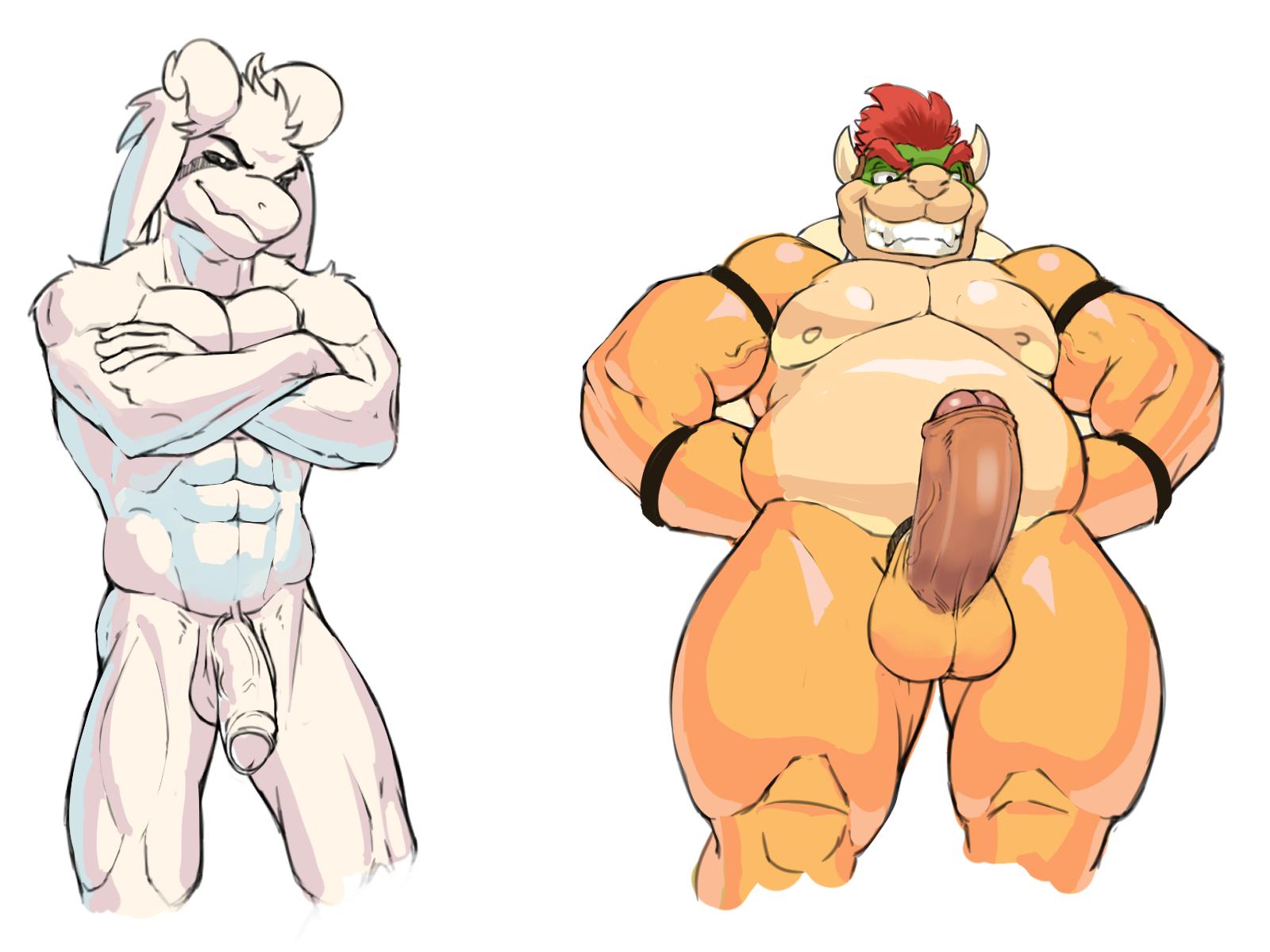 2019 abs anthro areola asriel_dreemurr balls bara biceps bovid bowser caprine crossed_arms crossover erection fangs floppy_ears fur goat hair hi_res horn humanoid_penis koopa long_ears looking_at_viewer male male_only mammal manly mario_(series) musclegut muscular navel nintendo nipples nude pecs penis pose red_hair scalie seyrmo sharp_teeth shell simple_background smile standing teeth thick_thighs triceps uncut undertale vein veiny_penis video_games white_background white_body white_fur yellow_body yellow_skin