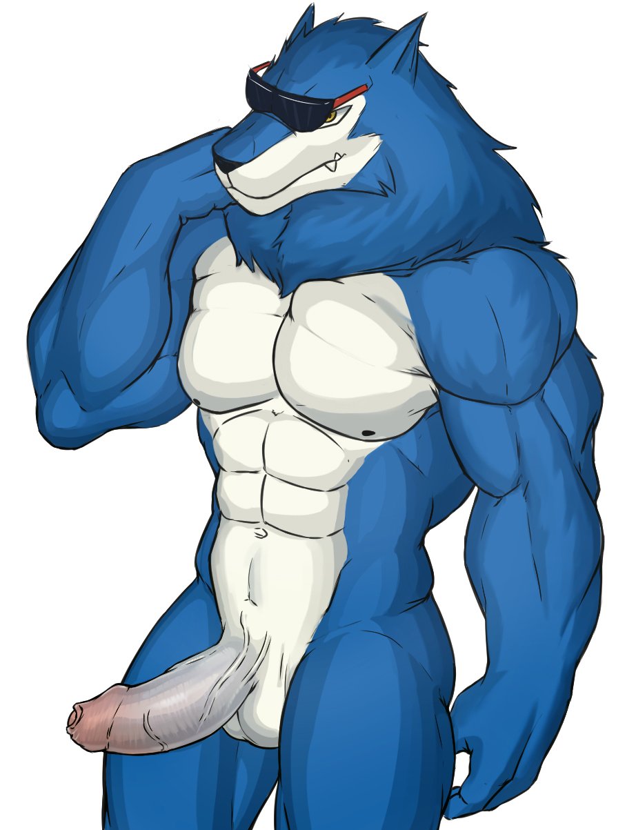 2019 abs anthro balls barazoku biceps blue_body blue_fur canid canine canis digimon digimon_(species) erection eyewear fangs fur glasses humanoid_penis looking_at_viewer machgaogamon male male_only mammal manly muscular navel nipples nude pecs penis seyrmo sharp_teeth simple_background solo standing teeth thick_thighs triceps uncut vein veiny_penis white_background white_body white_fur wolf yellow_eyes