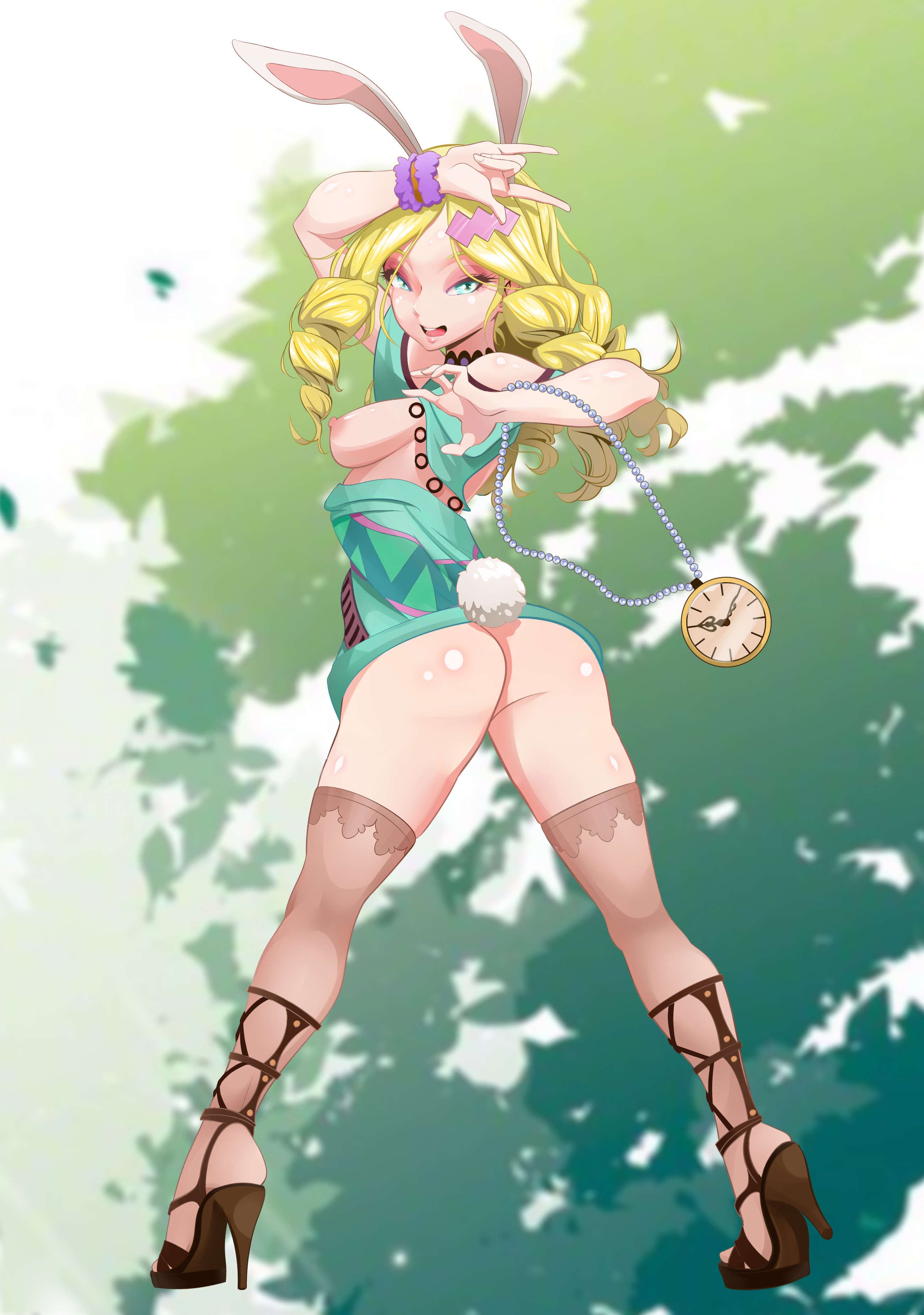 alice in wonderland, animal ears, ass, bunny ears, bunny girl, female, high heels, nipples, sinx, stockings, white rabbit (wonderland)
