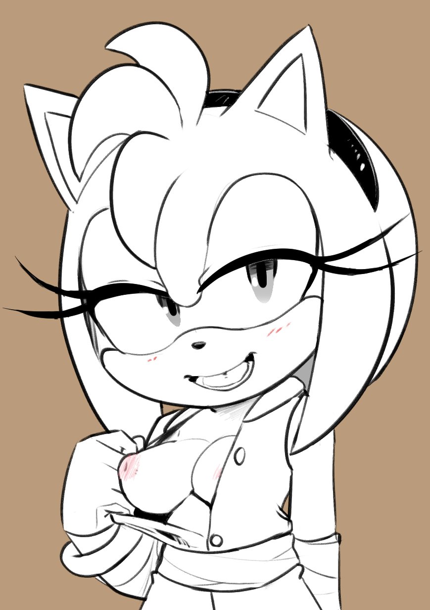 amy rose, amy rose (boom), anthro, blush, breasts, dress, exhibitionism, exposed breasts, eyelashes, female, female only, flashing, furry, furry only, gloves, headband, hearlesssoul, medium breasts, monochrome, nipples, open mouth, sega, short hair, solo, sonic (series), sonic boom, standing