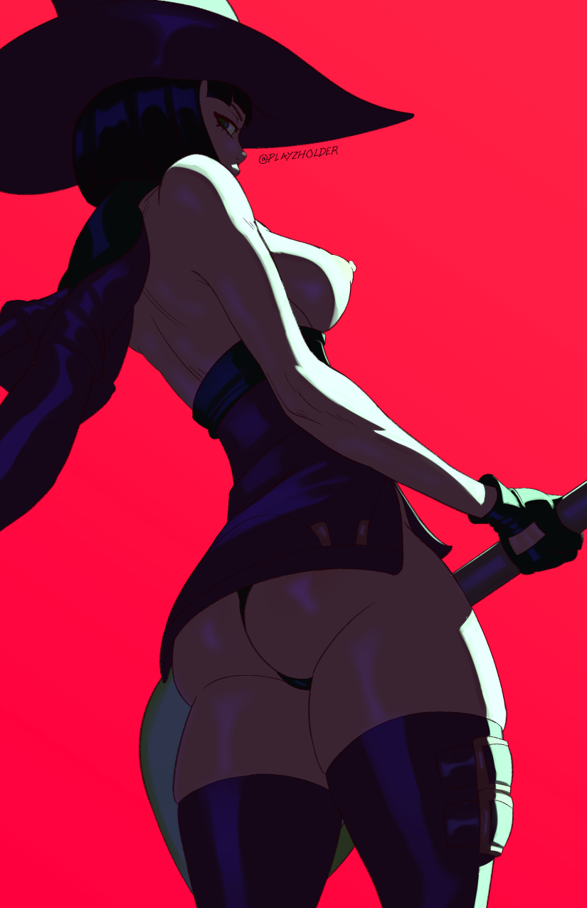1girls, arc system works, ass, big ass, black hair, bob cut, breasts, clothing, female, female only, guilty gear, guilty gear xrd, hat, i-no, nipples, panties, playzholder, short hair, solo, video games