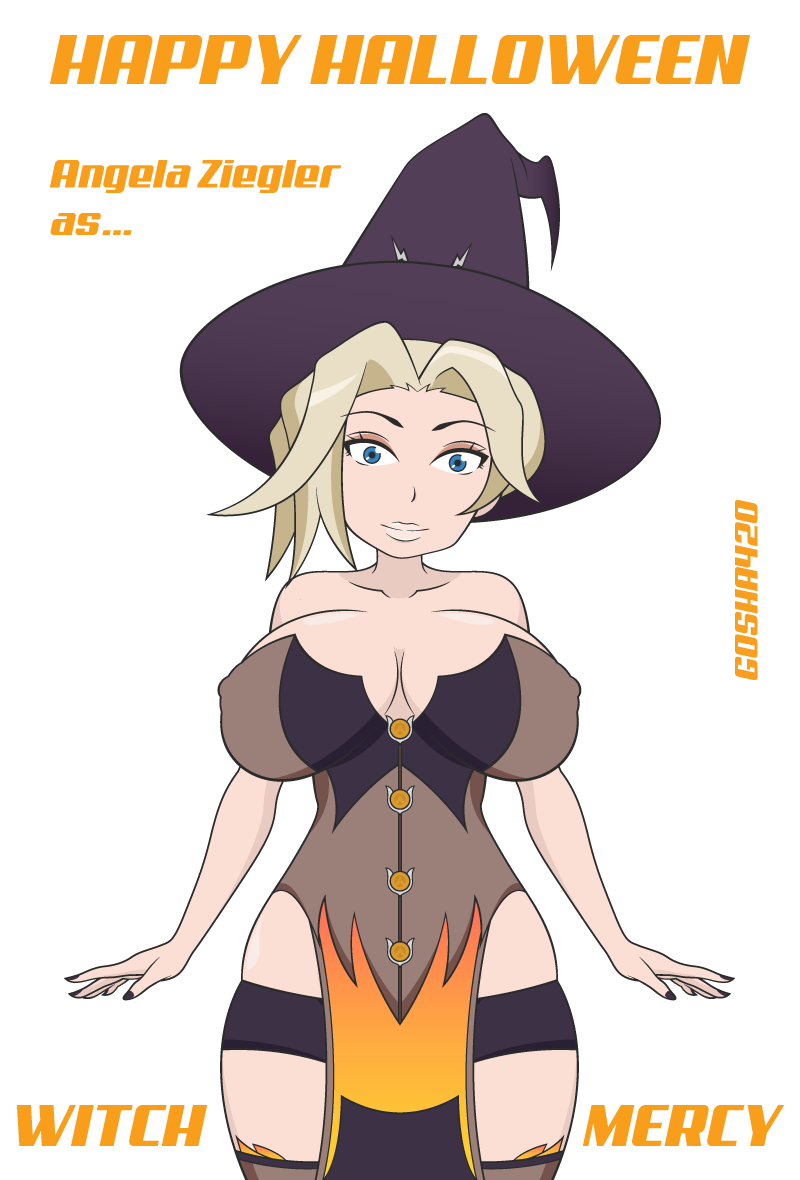 1girls arms_at_sides bangs big_breasts blizzard_entertainment blonde_hair blue_eyes breasts cleavage corset gosha420 head_tilt large_breasts looking_at_viewer mercy nipple_bulge overwatch painted_nails short_hair skindentation wide_hips witch_hat witch_mercy