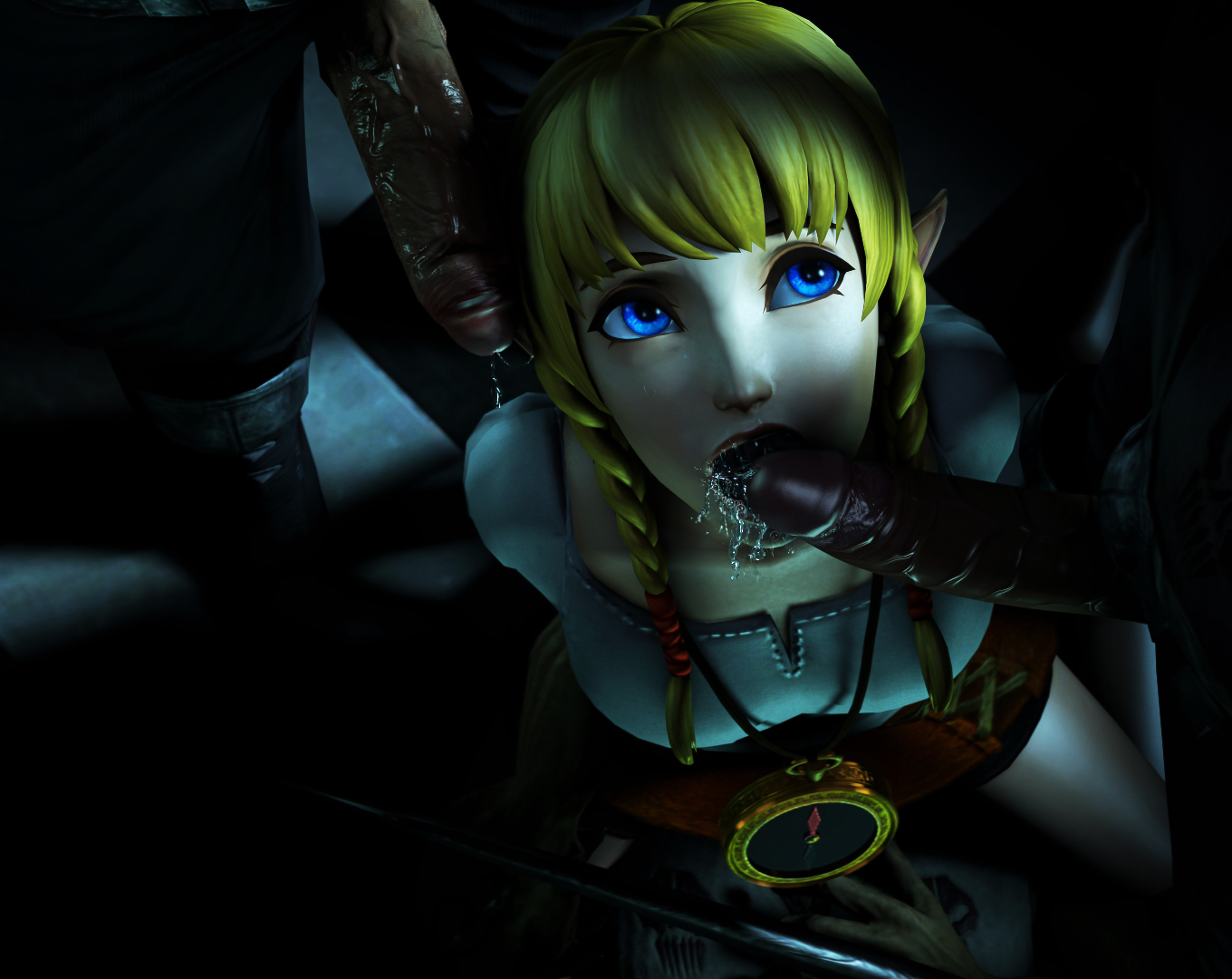 3d, blonde hair, blue eyes, cum, cum in mouth, cum inside, dark skin, dark-skinned male, fellatio, female, hyrule warriors, interracial, lenaid, linkle, long hair, male, open mouth, oral, penis, source filmmaker, the legend of zelda