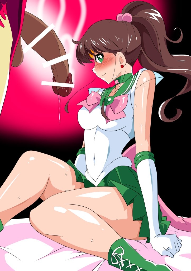1girls, bishoujo senshi sailor moon, blush, boots, bow, breasts, brown hair, censored, choker, clenched hands, clothing, dark skin, dark-skinned male, dripping, earrings, erection, female, female focus, gloves, green eyes, grimace, huge cock, interracial, jewelry, looking away, makoto kino, male, penis, ponytail, reluctant, sailor collar, sailor jupiter, serafuku, short skirt, skirt, small breasts, thick thighs, warabimochi