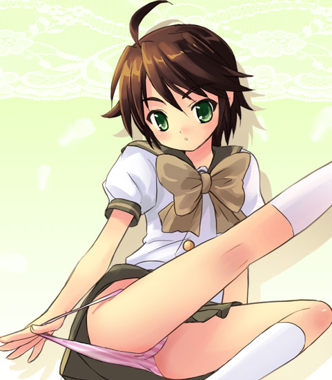 1girls ahoge bow brown_hair female flat_chest footwear green_eyes haruyama kneehighs leg_up matake_ogata miniskirt ogata_matake outstretched_leg panties panty_pull pantyshot purple_panties school_uniform seifuku serafuku shakugan_no_shana short_hair skirt socks solo striped striped_panties underwear upskirt white_kneehighs white_legwear