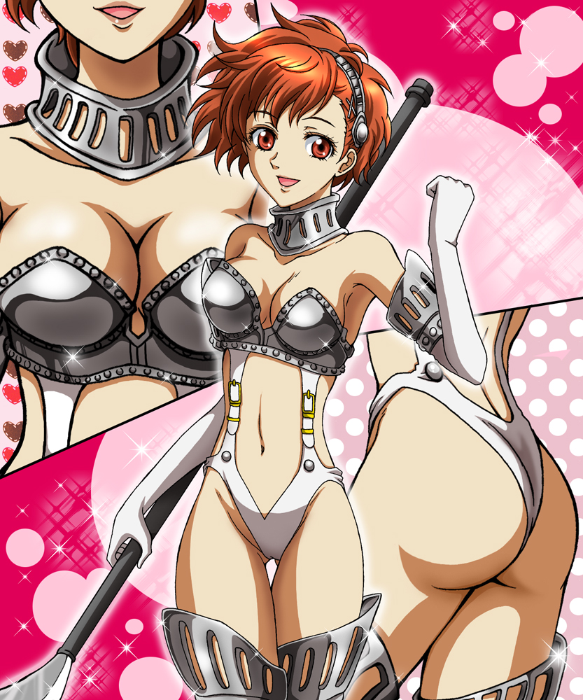 1girls alternate_costume armor ass atlus battle_panties bikini_armor boots breasts brown_hair cleavage female female_only female_protagonist_(persona_3) gorget hairband hanzou heart high-cut_armor kotone_shiomi lipstick looking_at_viewer makeup megami_tensei multiple_views navel open_mouth persona persona_3 persona_3_portable polearm polka_dot red_eyes sega short_hair smile solo solo_female solo_focus sparkle thigh_boots thigh_gap thighhighs weapon