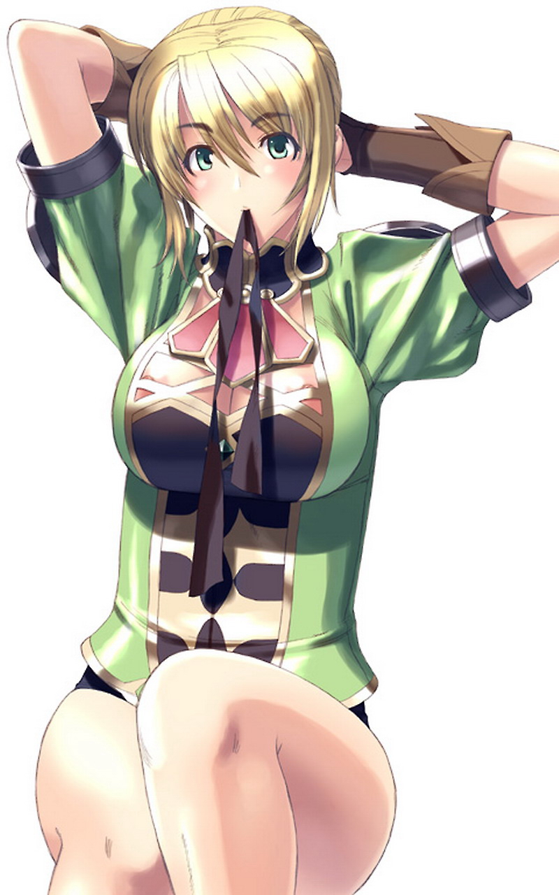 blonde_hair breasts cassandra_alexandra cleavage female female_only green_eyes highres human kansuke mouth_hold nipple_slip nipples solo soul_calibur soul_calibur_ii