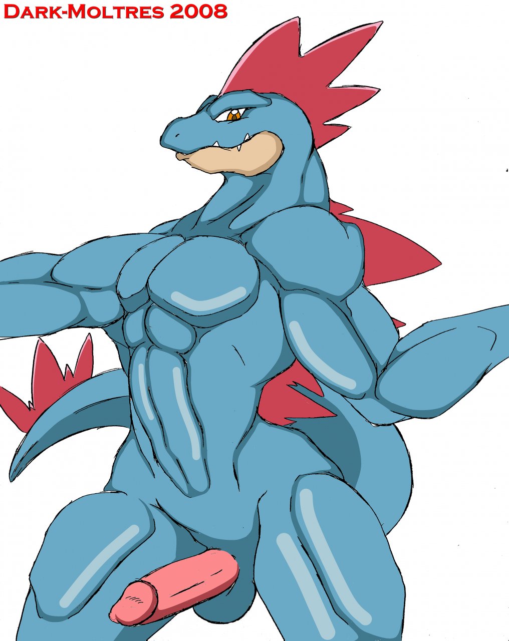 anthro blue_skin color dark_moltres feraligatr male male_only muscles nude penis pokemon solo tagme