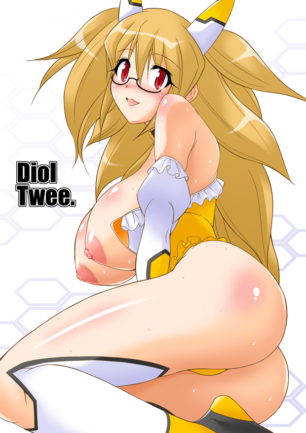 ass breasts brown_hair character_name detached_sleeves diol_twee glasses huge_ass large_breasts long_hair nipples open_clothes open_shirt otomedius red_eyes robot_ears shiny shirt simple_background sweat topless xexex z-s-e