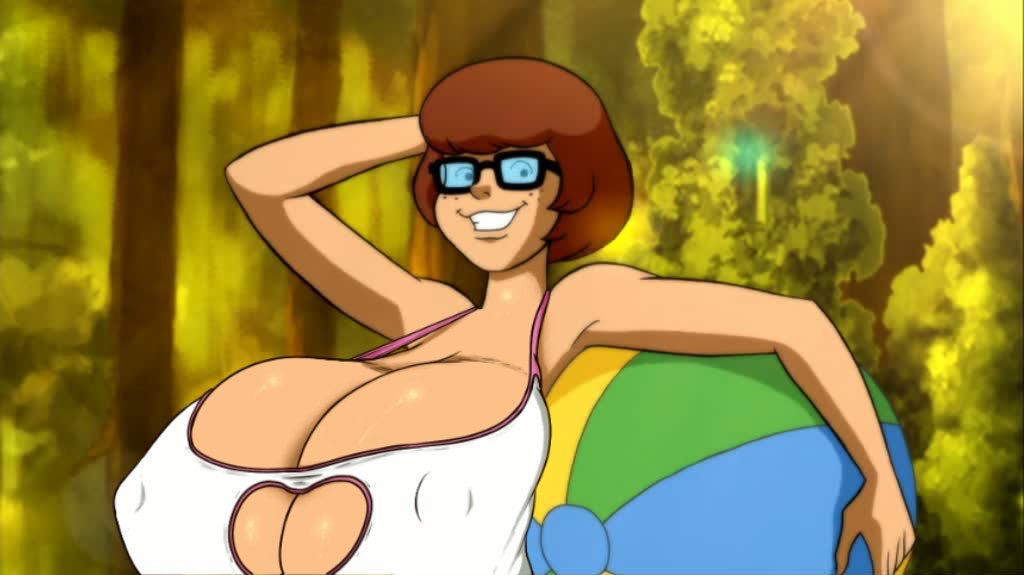 armpits beach_ball breasts camp_scare cleavage cleavage_cutout edit gigantic_breasts glasses hand_on_head hanna-barbera hyper_breasts looking_at_viewer nipple_bulge pokies scooby-doo scooby-doo!_camp_scare screenshot screenshot_edit swimsuit velma_dinkley