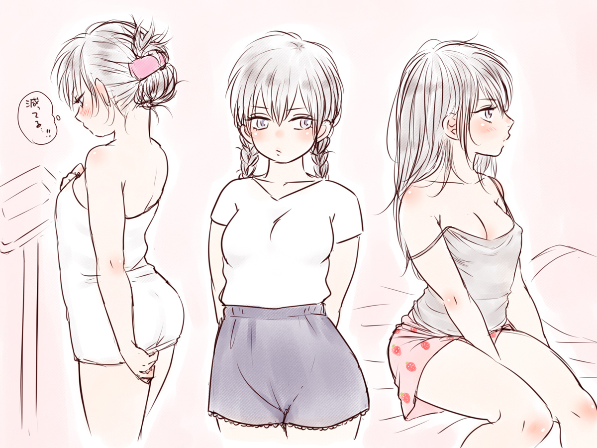 black hair, blush, boxers, braided hair, cleavage, female, female only, fully clothed, genderswap (mtf), gintama, hair down, hijikata tenko, hijiri byakuren, long hair, mame (pixiv), plump, rule 63, scale, shorts, slightly chubby, slightly chubby female, solo, strawberry print, tank top, towel, twin braids, wearing others clothes, weighing scale, weighing self