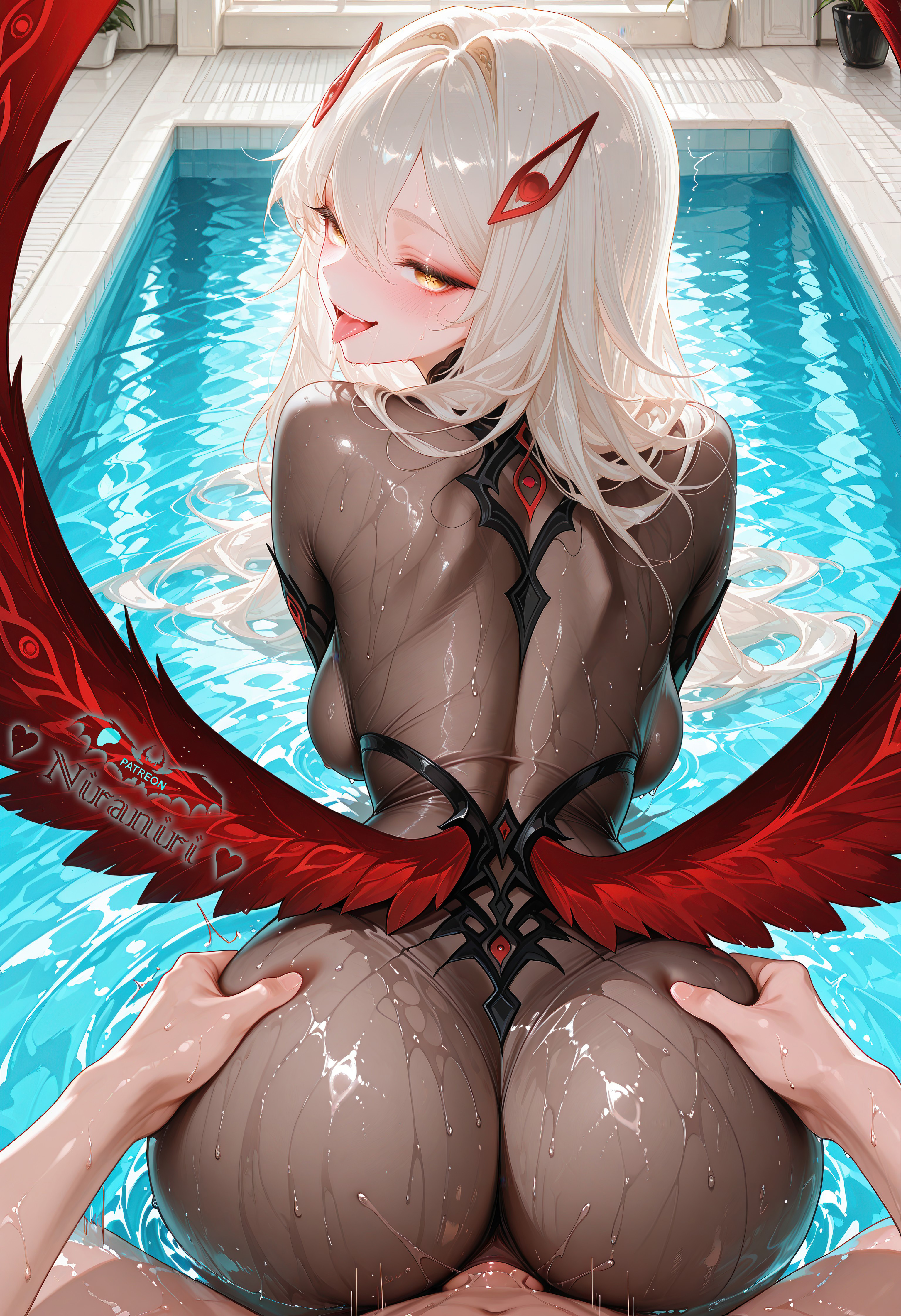 1boy, 1girls, absurdres, ai generated, ass, ass focus, ass grab, back, backboob, bent over, big ass, big breasts, blush, bodystocking, bodysuit, breasts, clothed sex, doggy style, duo, female, from behind, genshin impact, grabbing another's ass, groping, hair between eyes, hair intakes, hair ornament, highres, large breasts, light-skinned female, light-skinned male, long hair, looking at viewer, looking back, low wings, male, medium breasts, niraniri, open mouth, partially submerged, penis, pool, red wings, ronova (genshin impact), saliva, sex, sex from behind, smile, solo focus, straddling, straight, tongue, tongue out, vaginal penetration, very long hair, water, wet, white hair, wings, yellow eyes