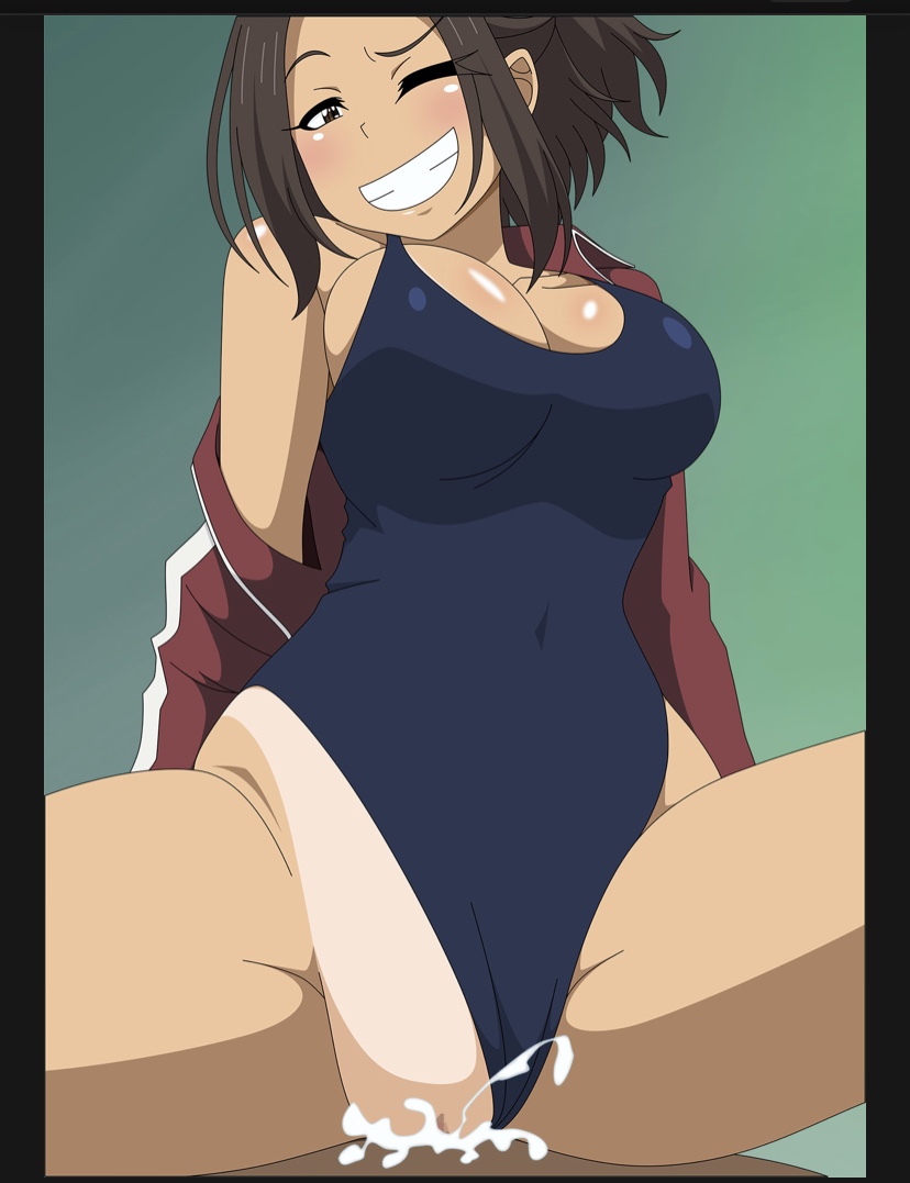 1boy, 1girls, atelier gons, balls, balls deep, blush, breasts, brown eyes, brown hair, censored, cleavage, clenched teeth, cowgirl position, cum, cum in pussy, cum inside, cumshot, ejaculation, exposed pussy, eye contact, faceless male, female, female focus, grin, hair up, hairless pussy, half-closed eye, half-closed eyes, happy, happy sex, hikari hazakura (nande koko ni sensei ga!?), large breasts, looking at viewer, looking pleasured, male, male pov, nande koko ni sensei ga!?, no panties, no pubic hair, one eye closed, open clothes, open jacket, open shirt, orgasm, pleasure face, ponytail, pov, pov eye contact, pussy, riding, shaved pussy, smile, solo focus, spread legs, straddling, swimsuit, swimsuit aside, tan, tan skin, tanline, teacher, track jacket, uncensored, vaginal penetration, wink