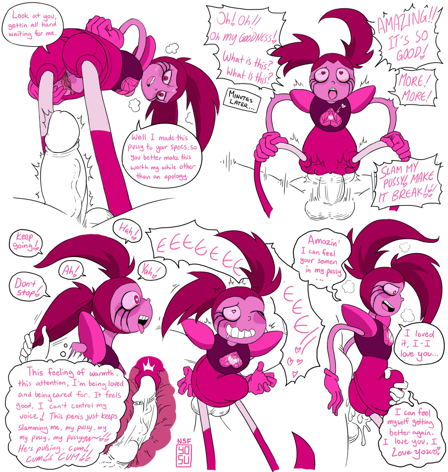 1girls, abdominal bulge, ahe gao, big penis, bulge, bulge grab, cervical penetration, clenched teeth, comic, comics, cross section, cum, cum in pussy, cum inside, dialogue, english text, female, from behind, fucked silly, hair pull, happy, happy sex, heart eyes, heart-shaped pupils, male, mind break, nsfyosu, open mouth, penetration, penis, pussy, sex, spinel (steven universe), spread legs, steven universe, steven universe: the movie, stomach bulge, straight, text, tongue, tongue out, uterus, vaginal penetration, vaginal sex