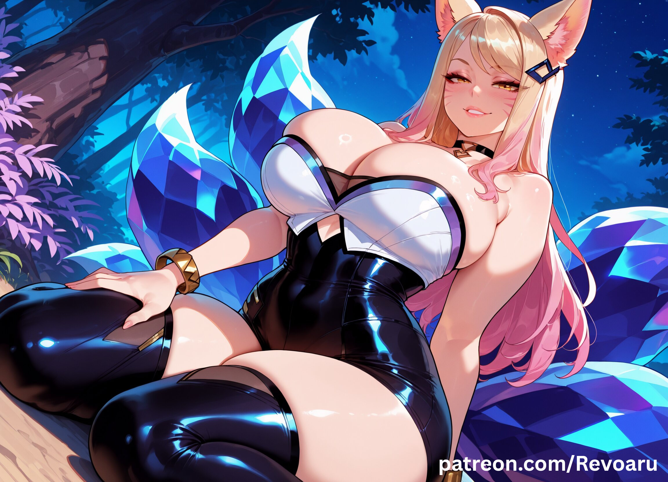 ahri, ahri (league of legends), ai generated, big breasts, blonde hair, breasts, female, female only, fox girl, huge breasts, k/da ahri, k/da series, league of legends, mature, mature female, quality, revoaru, solo, thick thighs, thighs
