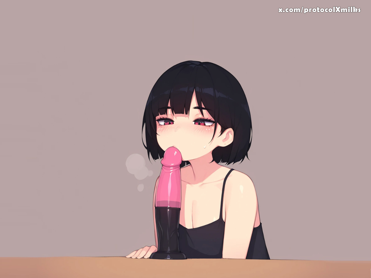 1girl, ai generated, bangs, bare shoulders, black camisole, black hair, blush, breasts, camisole, cleavage, collarbone, cute, cute face, dildo, dildo in mouth, embarrassed, fellatio, female, grey background, maid, oral, protocolxmilks, public, red eyes, sex toy, short hair, simple background, sister, sloppy, solo, sweat, upper body, waifu