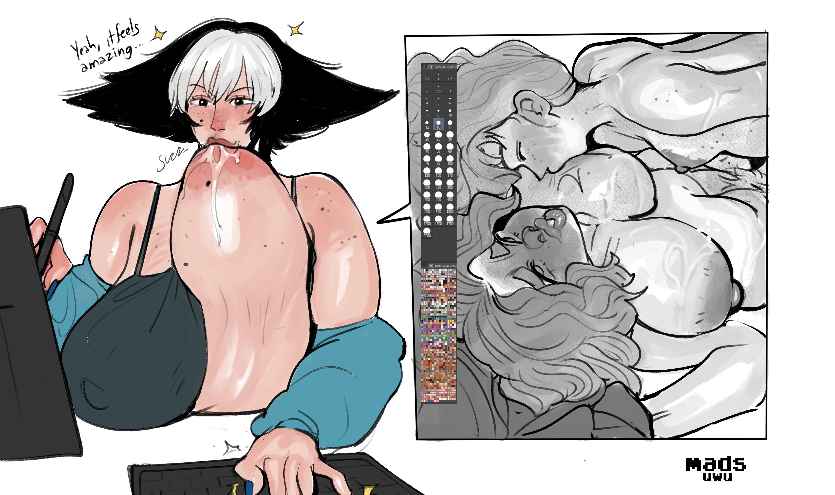 1girls, areolae, big breasts, black eyes, black hair, breast sucking, breasts, computer screen, drawing, english text, female, freckles, huge breasts, large areolae, madsuwu, mary-ann (madsuwu), meme, misahero99, mole, mole on breast, mole under eye, original, sucking breasts meme, sucking own breasts, tablet pen, text, two-tone hair, very high resolution, white background, white hair