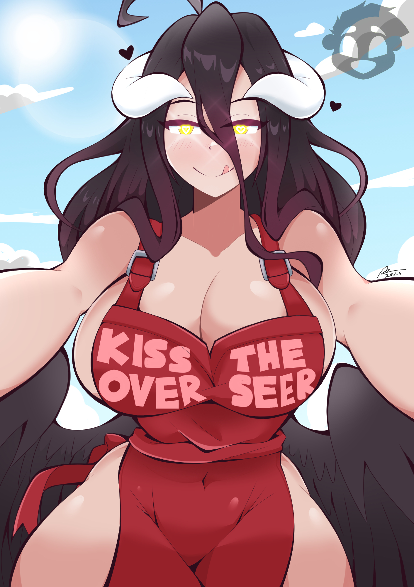 :q, 1girls, 2025, ahoge, albedo (overlord), apron, apron only, big breasts, black hair, blush, cleavage, english text, feathered wings, female, female only, glowing eyes, heart, heart-shaped pupils, hi res, horns, large breasts, long hair, looking at viewer, ottendo, overlord (maruyama), pov, sideboob, smiling, smiling at viewer, solo, succubus, succubus horns, text, text on apron, text on clothing, thick thighs, voluptuous, wide hips, wings, yellow eyes