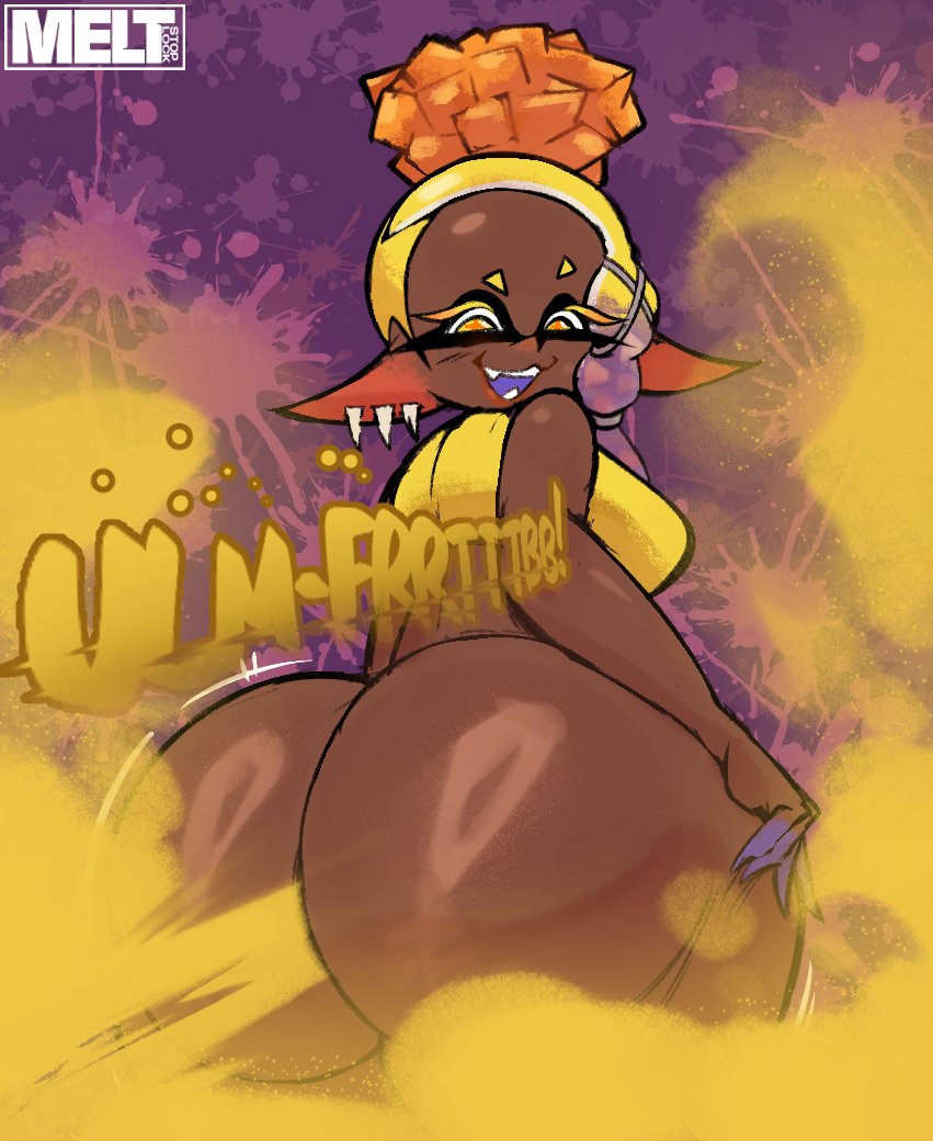 1girls, 2020s, 2026, 2026s, alternate version at source, alternate version available, ass, ass bigger than head, ass focus, big ass, big butt, big butt (female), big butt cheeks, big fart, black eyemask, bottom heavy, bottom heavy female, check tag type, cupping ass, curvy, curvy female, curvy figure, curvy hips, dark body, dark skin, dark-skinned female, digital drawing (artwork), digital media (artwork), dumptruck ass, dumptruck butt, dumpy, eproctophillia, fart, fart cloud, fart fetish, farting, female focus, female only, frye (splatoon), gluteal fold, inkling, inkling girl, jiggle, jiggling ass, jiggling butt, jpg, long ears, looking back, meltstoplock, more at source, motion lines, nintendo, no background, onomatopoeia, open mouth, pear shaped, pear-shaped figure, purple background, purple fingernails, round ass, round butt, sharp teeth, shiny, shiny skin, short hair, simple background, smile, smiling, solo, solo female, solo focus, splatoon, splatoon (series), splatoon 2, thick as fuck, thick ass, thick legs, twitter link, voluptuous, voluptuous female, wobbling, wobbling ass, wobbling butt, yellow eyebrows, yellow eyes, yellow fart, yellow fart cloud, yellow gas, yellow gas cloud, yellow hair, yellow shirt