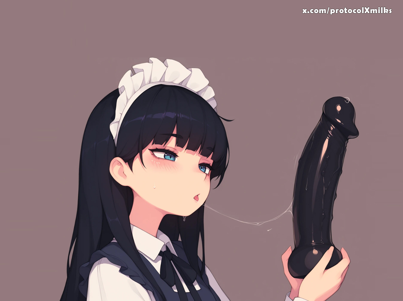 1girl, ai generated, bangs, black hair, blue eyes, blunt bangs, blush, brown background, cafe, cafeteria, cute, cute face, dildo, dildo in mouth, embarrassed, female, gag, gagged, holding, long hair, maid, maid headdress, neck ribbon, open mouth, protocolxmilks, saliva, saliva trail, sex toy, simple background, sister, sloppy, sloppy blowjob, solo, sweat, tongue, tongue out, upper body, waifu