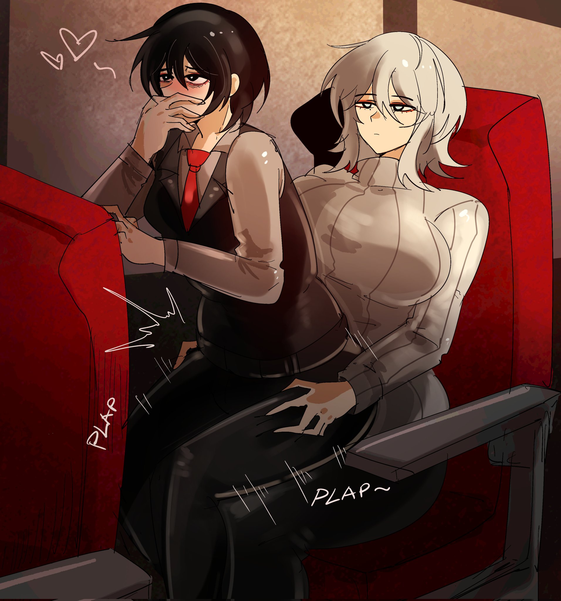 1boy, 1futa, arczaeon, dialogue, faust (limbus company), female, futa on male, futanari, hidden sex, huge breasts, human, large breasts, limbus company, male, plap, project moon, text, voluptuous, yi sang (limbus company)