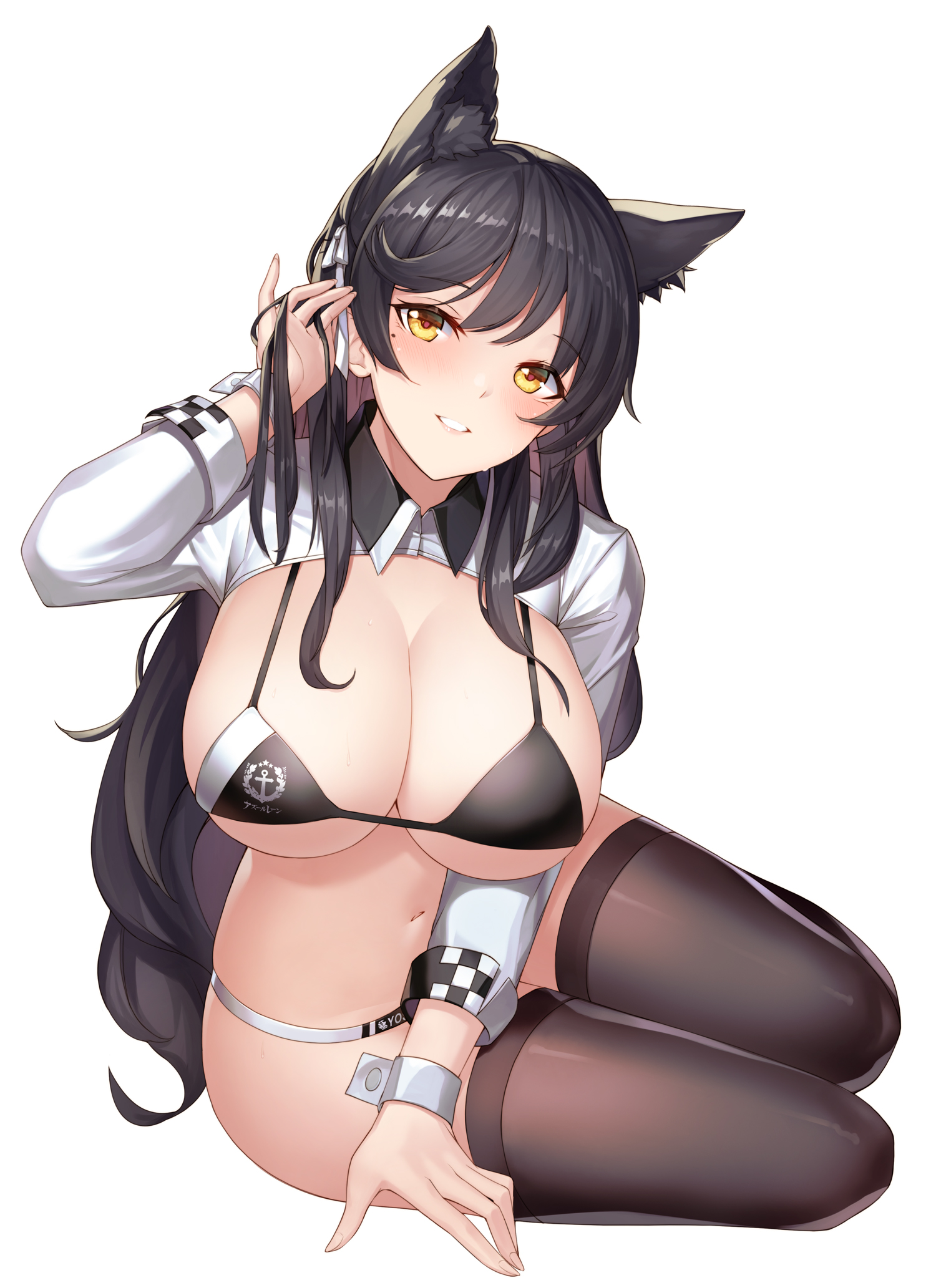 1girls, animal ear fluff, animal ears, arm up, atago (azur lane), atago (stunning speedster) (azur lane), azur lane, bikini, black bikini, black hair, breasts, brown legwear, btraphen, cleavage, female, highres, large breasts, light skin, light-skinned female, long hair, long sleeves, looking at viewer, mole, mole under eye, navel, parted lips, race queen, sakura empire (azur lane), shrug (clothing), simple background, sitting, solo, stomach, swimsuit, thighhighs, very long hair, white background, wing collar, wrist cuffs, yellow eyes