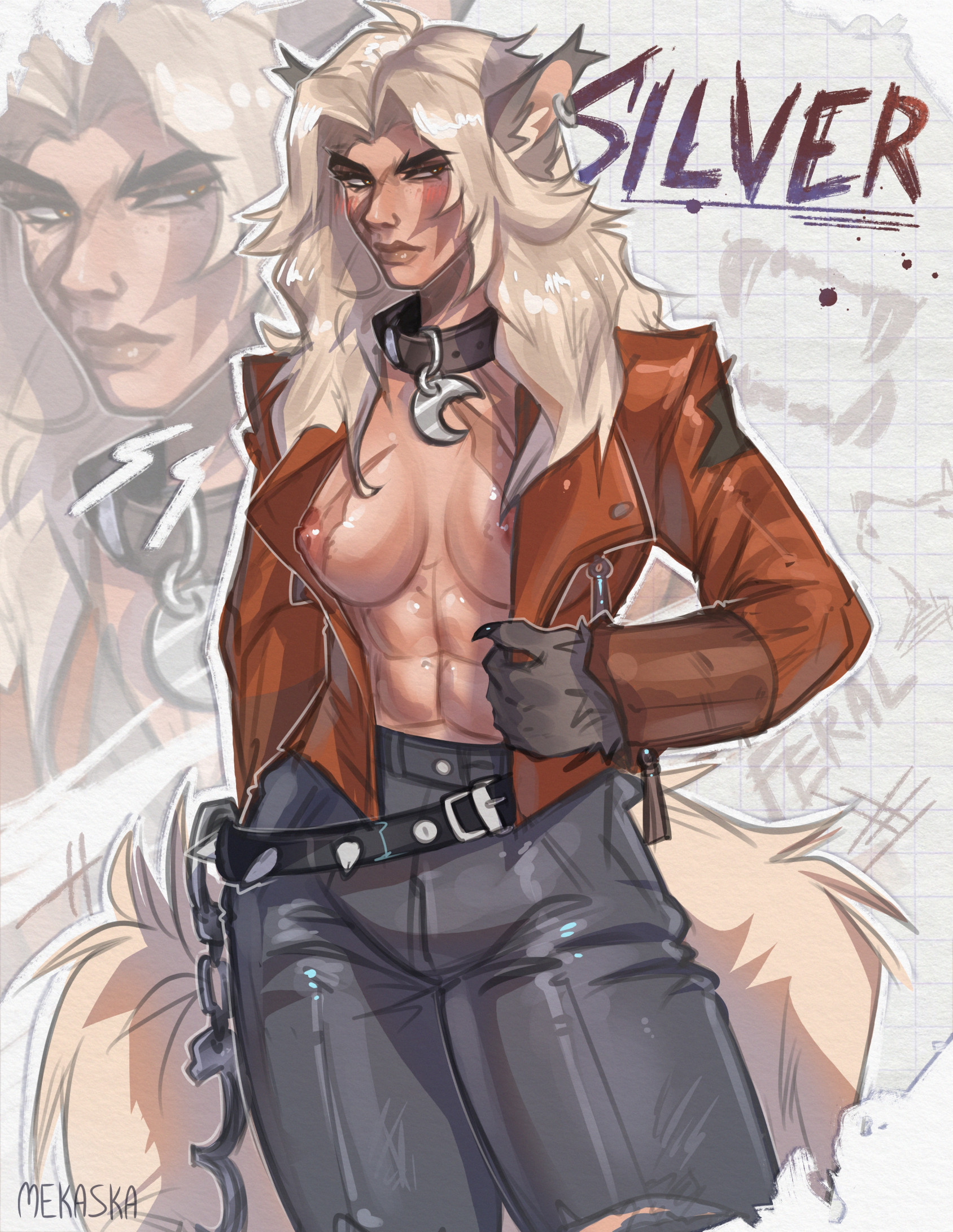 1girls, 2026, abs, big breasts, blush, breasts, breasts out, collar, deadlock, earrings, female, handcuffs, hi res, jacket, jeans, kemonomimi, long hair, mekaska, muscular, muscular female, scars, silver (deadlock), six pack, tail, werewolf, werewolf girl, white hair