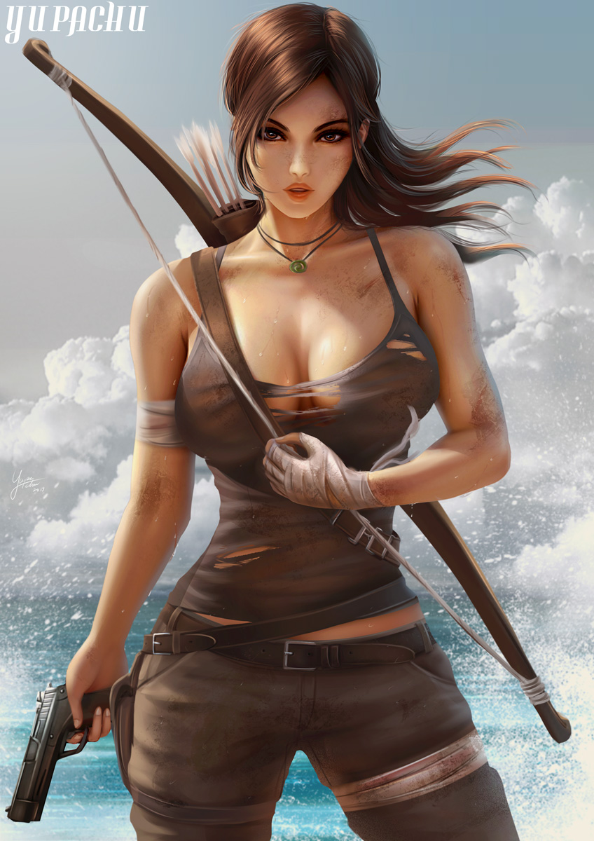 1girls alternate_breast_size big_breasts breasts cleavage embracer_group female female_only hourglass_figure lara_croft lara_croft_(survivor) large_breasts looking_at_viewer pinup solo tomb_raider torn_clothes yupachu