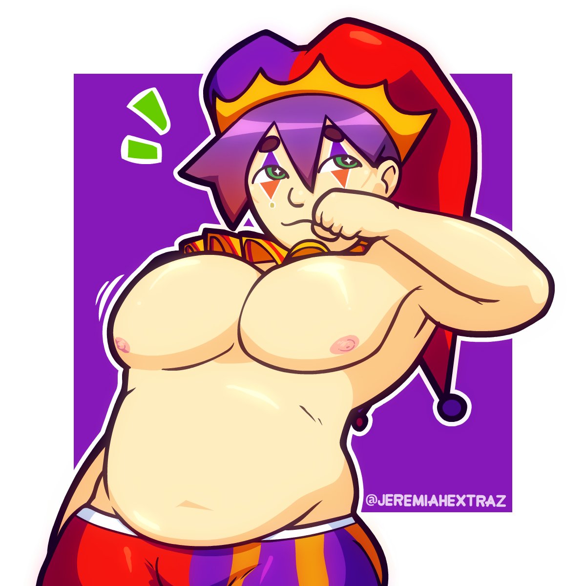 belly, buldge, chubby, chubby male, clown, hugh morris, jester, jester hat, looking up, male, male only, mii, moobs, nintendo, nipples, no visible genitalia, partially clothed, tomodachi life, tomodachi life: living the dream