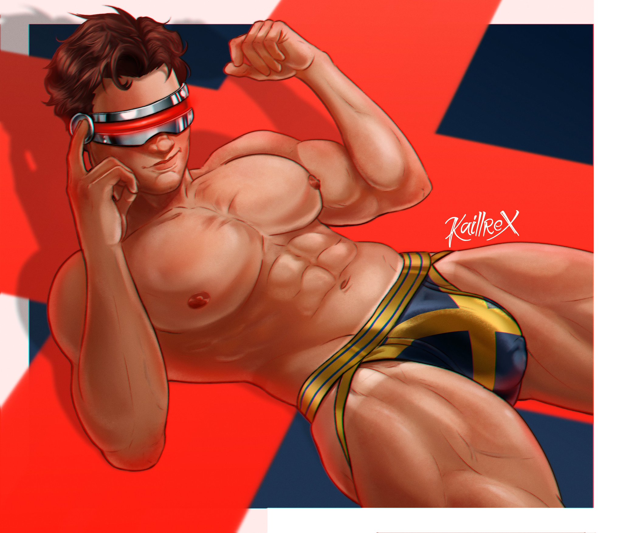 bara, big pecs, bulge, cyclops (x-men), kaillrex, male, male only, marvel, marvel comics, muscular male, red hair, scott summers, solo, thong, x-men