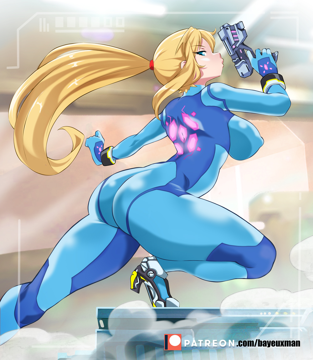 1girls ass bayeuxman blonde blonde_hair blue_eyes bodysuit breasts eyebrows_visible_through_hair female firearm footwear gun handgun high_heels holding holding_weapon human large_ass large_breasts looking_back metroid nintendo pale_skin pokies ponytail samus_aran sidelocks solo thick_thighs thighs weapon wristwear zero_suit zero_suit_samus