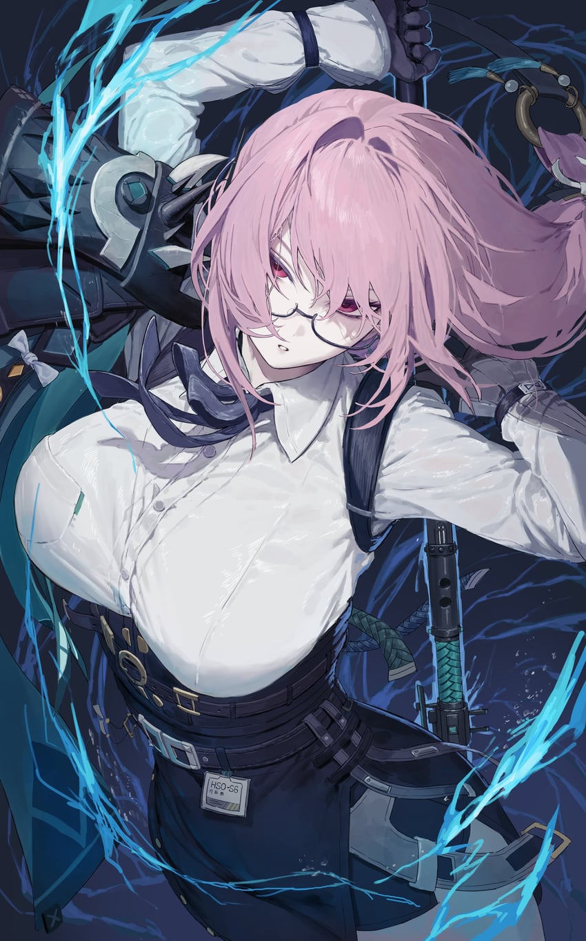 1girls, 2026, 2d, 2d (artwork), absurd res, action pose, black gloves, black skirt, breasts, card, clothed, clothed female, collared shirt, cowboy shot, energy, female, female only, fully clothed, glasses, gloves, high-waist skirt, highres, holding weapon, human, human only, id card, large breasts, long hair, long sleeves, looking at viewer, marse (rokudaime), mature, mature female, melee weapon, naginata, pencil skirt, pink hair, purple eyes, realistic breast size, realistic proportions, sfw, shirt, skirt, solo, solo female, tsukishiro yanagi, uro tsuki (weapon), voluptuous, voluptuous female, weapon, white shirt, zenless zone zero