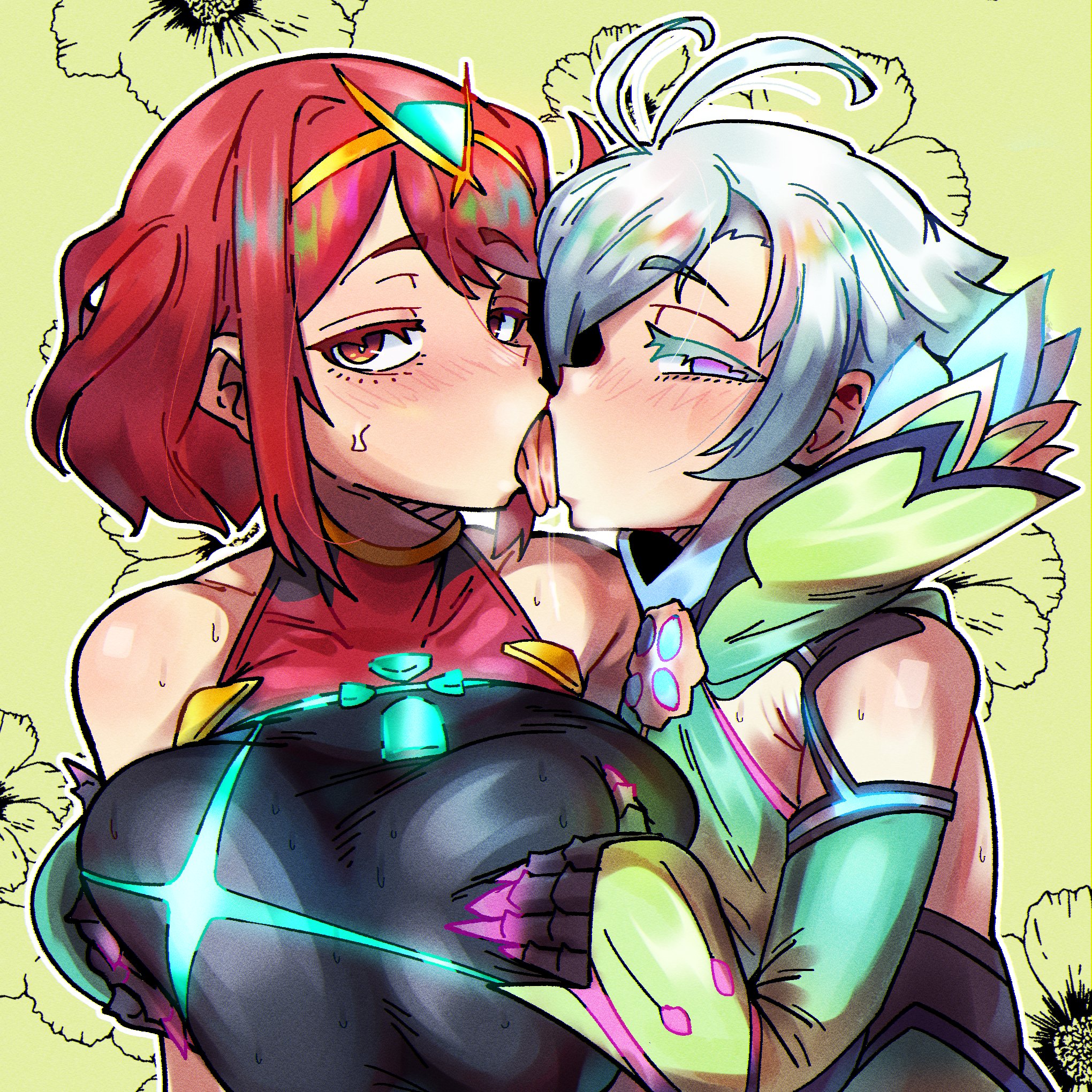 1boy, 1girls, ahoge, blush, breast grab, cheating, cucked by femboy, female, femboy, femboy on female, floren (xenoblade), grabbing from behind, kissing, kurosu, large breasts, male, netorare, nintendo, ntr, pyra, red hair, sloppy kiss, sweat, sweaty, xenoblade (series), xenoblade chronicles 2