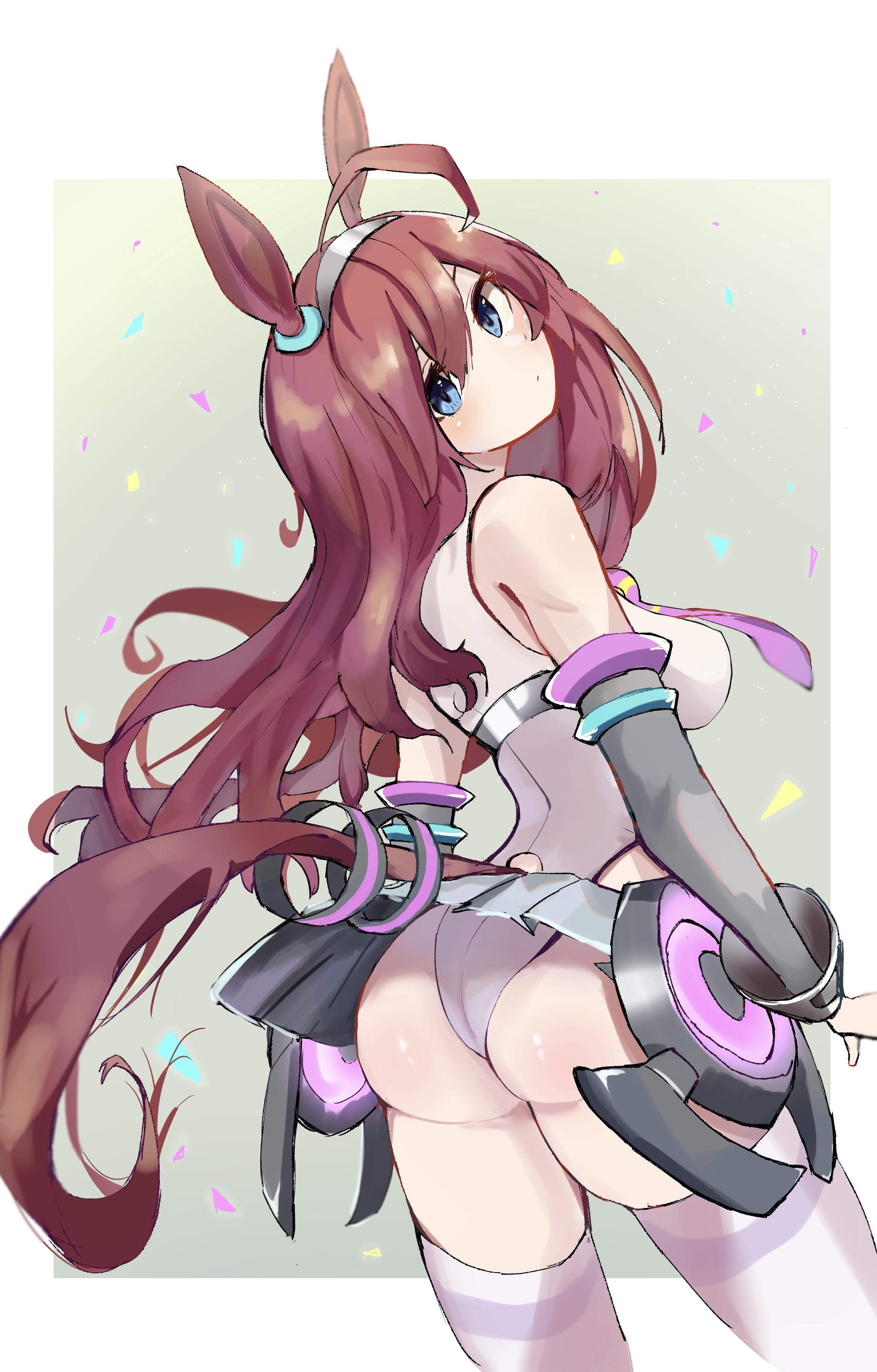 1girls, amausa subee, ass, back view, big ass, big breasts, blue eyes, blush, breasts, brown hair, clothed, clothed female, confetti, cyborg, cyborg girl, female, female only, horse, horse ears, horse girl, horse tail, long hair, looking at viewer, looking back, mihono bourbon (umamusume), nipple bulge, thick thighs, thighs, tie, umamusume, umamusume pretty derby