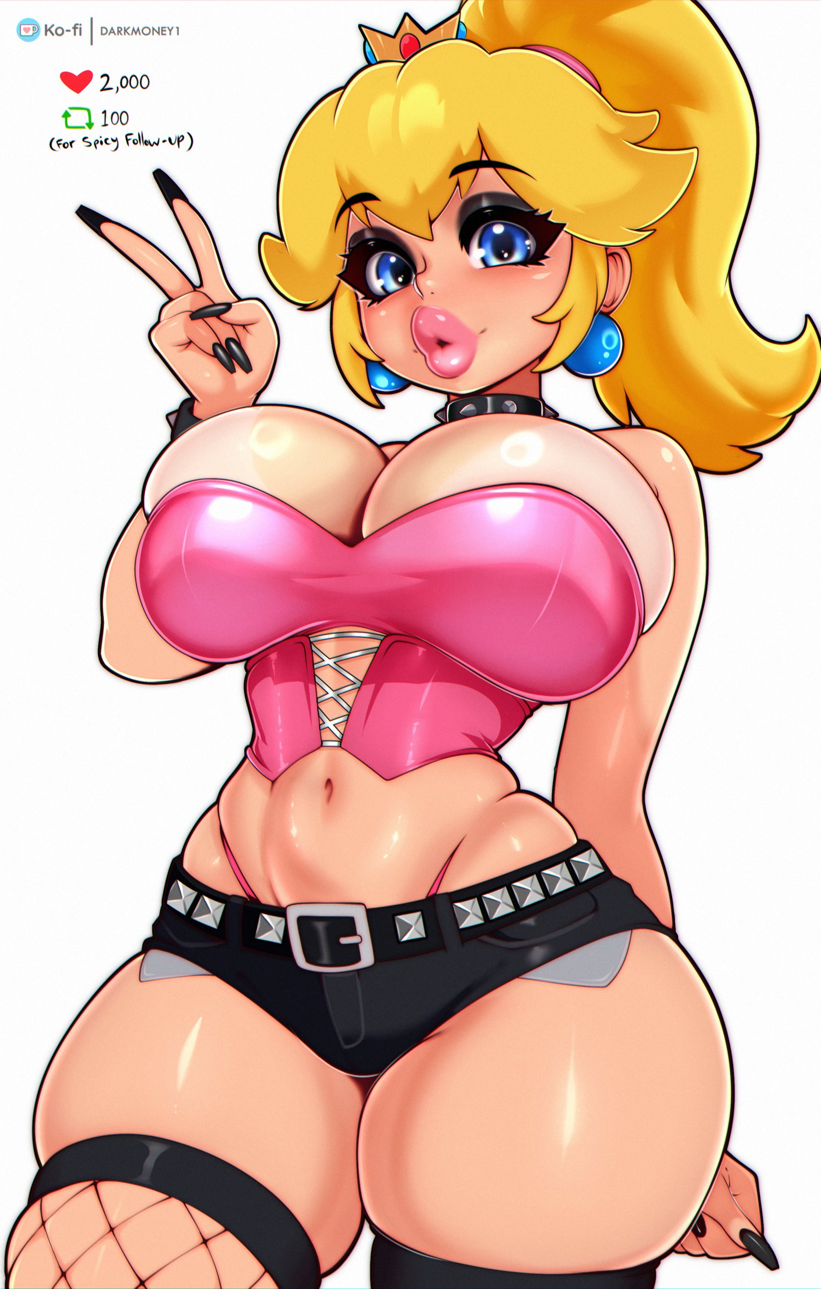 1girls, belt, big breasts, big lips, bimbo, bimbo lips, black eyeshadow, black nail polish, black nails, black shorts, blonde hair, bottomwear, breasts, cleavage, clothing, collar, corset, crown, darkmoney1, ear piercing, earrings, eyelashes, eyeshadow, female, female only, fishnet legwear, fishnets, hair, headwear, hips, huge breasts, legwear, like icon, lips, lipstick, long fingernails, long nails, mario (series), nail polish, nails, neckwear, nintendo, painted fingernails, painted nails, parted lips, peace sign, pink corset, pink lips, pink lipstick, pink thong, princess peach, retweet icon, short shorts, shorts, skindentation, solo, solo female, spiked collar, thick lips, thick thighs, thighhighs, thighs, thong, tied hair, topwear, wide hips