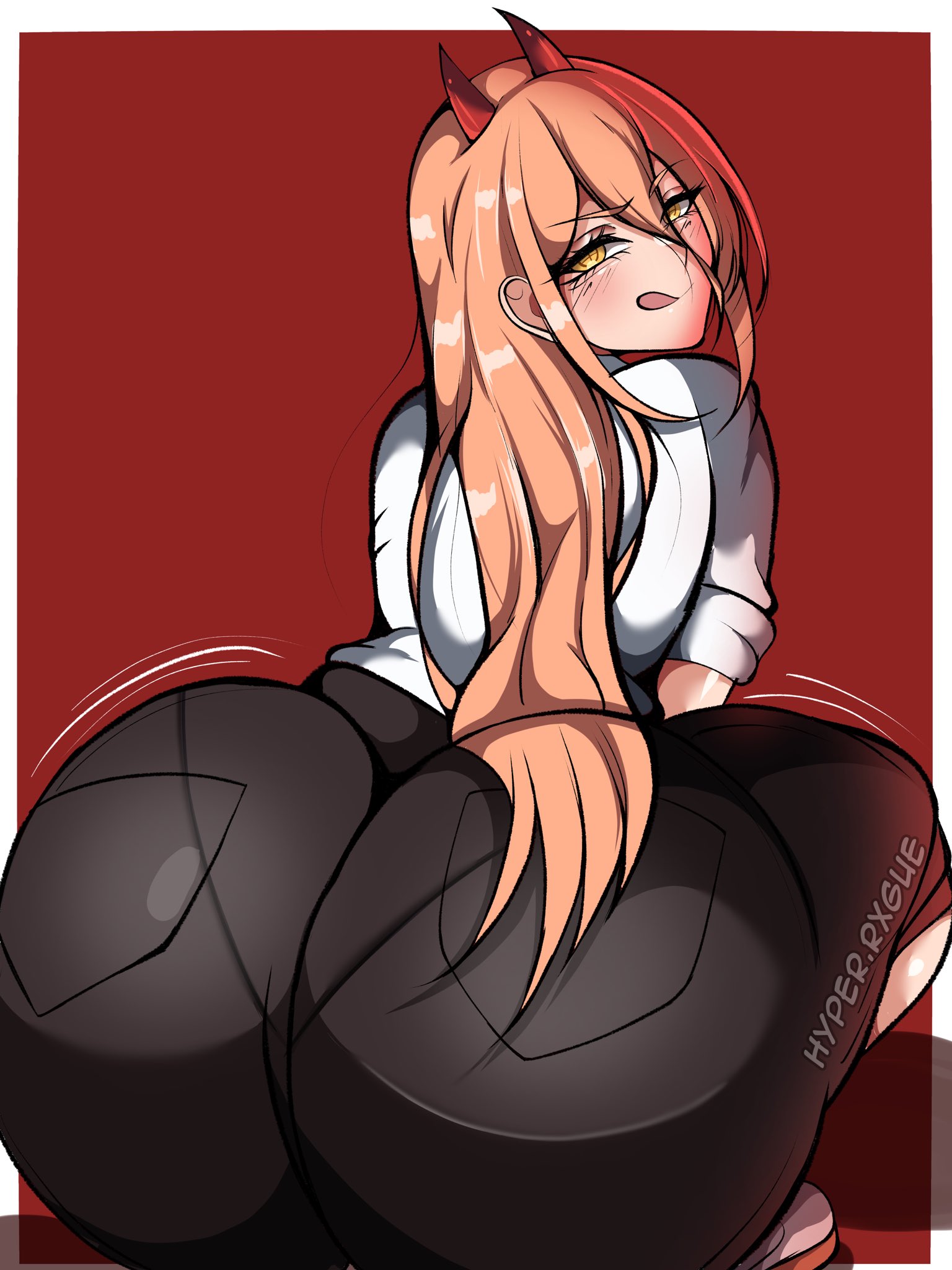 1girls, ass, big ass, blonde hair, bottom heavy, bubble butt, chainsaw man, clothing, fat ass, female, female only, horns, huge ass, hyperrxgue, large ass, licking, licking lips, looking at viewer, looking back, massive ass, pants, pantylines, power (chainsaw man), shirt, solo, thick ass, thick thighs, thunder thighs, wide hips, yellow eyes