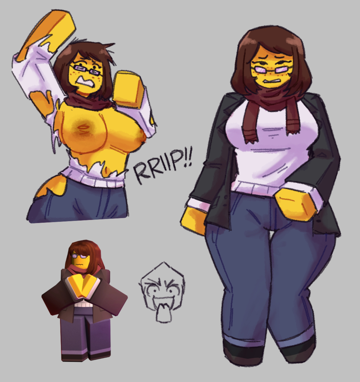 1girls, 2026, areolae, belly button, big breasts, black eyes, black jacket, black shoes, black sleeves, blocky body, blue pants, blush, breasts, brown hair, clothed, clothed female, clothing, colored sketch, exposed breasts, female, female only, first porn of character, freckles, freckles on face, fully clothed, fully clothed female, glasses, hambu 5, jacket, jacket removed, jeans, kimberly (route 06), long sleeves, looking at viewer, nervous, nipples, one arm up, onomatopoeia, open jacket, pants, plain background, red scarf, reference image, ripped clothing, roblox, roblox game, robloxian, route 06 (roblox), scarf, shoes, short hair, simple background, sketch, sleeves, solid color background, solo, standing, stomach, surprised, sweater, teeth, teeth showing, thick thighs, thighs, white sleeves, white sweater, yellow skin, yellow-skinned female