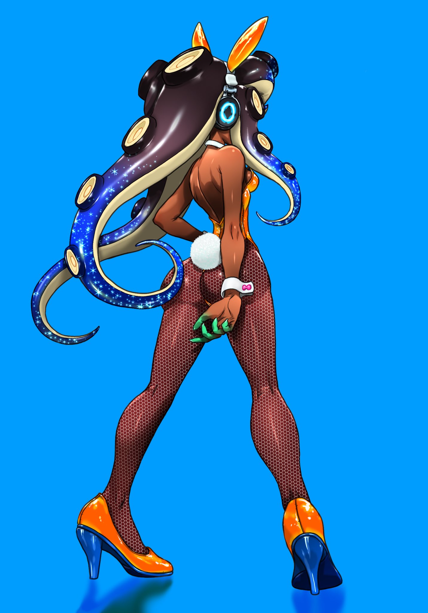 ass, bunny ears, bunny tail, bunnysuit, dark skin, dark-skinned female, fishnet pantyhose, fishnets, full body, headphones, high heels, koharuno2, legs, leotard, long legs, marina (splatoon), marina ida, octoling, octoling girl, pantyhose, splatoon, splatoon (series), splatoon 2, splatoon 2: octo expansion, splatoon 3, splatoon 3: side order, tagme, tentacle hair, two-tone hair