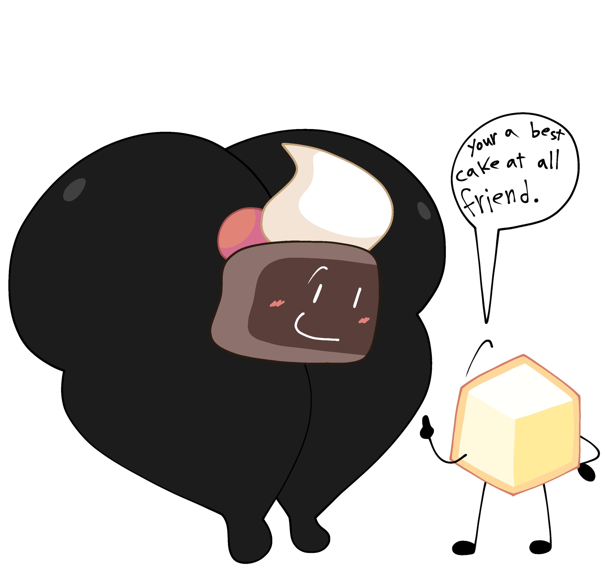 2026, 2boys, ass, ass bigger than head, ass visible from the front, battle for dream island, bfdi, big ass, big butt, black body, black skin, blush, blushing, blushing at partner, blushing male, broken english, butt bigger than head, butt visible through thighs, cake (bfdi), dialogue, duo, english dialogue, gay, hyper ass, hyper butt, legs, loser (bfdi), lucas lora7, lucaslora, male, male only, male/male, object show, object shows, thick ass, thick thighs, thighs, yaoi