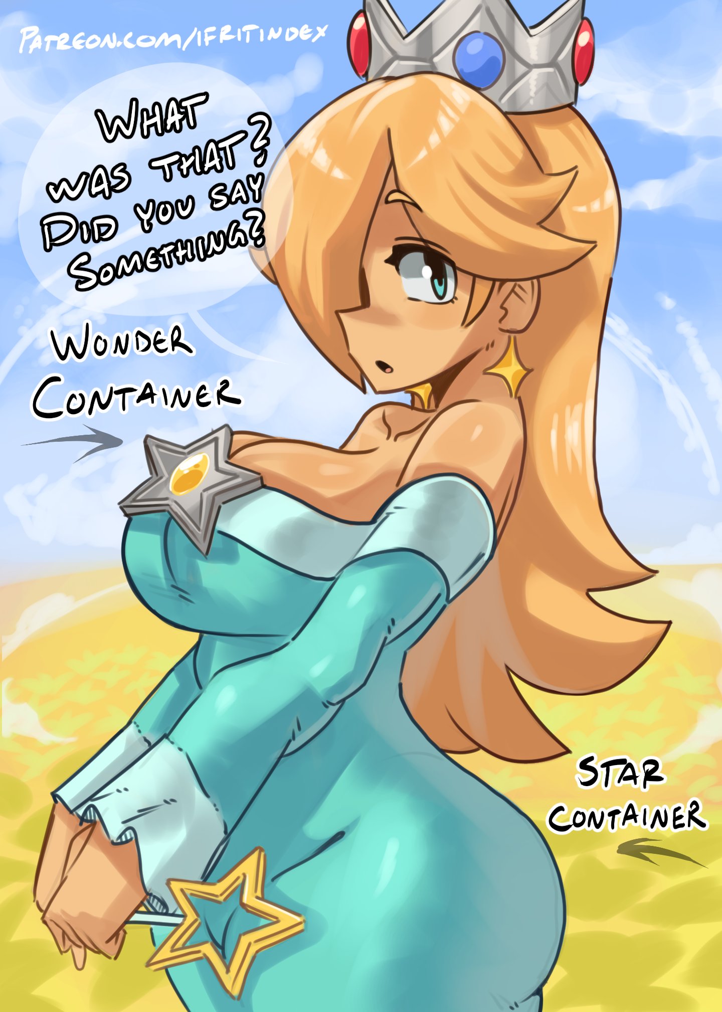 2d, 2d (artwork), 2d artwork, big ass, big ass (female), big breasts, big butt, big thighs, blonde female, blonde hair, blonde-haired female, blue dress, blue eyes, breasts bigger than head, bubble ass, bubble butt, cleavage, crown, curvaceous, curvy, curvy body, curvy female, curvy figure, earrings, evil container, hourglass figure, hourglass figured female, huge ass, huge boobs, huge breasts, huge butt, magic wand, mario (series), meetup in bellabel park, moxydraws, moxydrawsmore, nintendo, princess rosalina, rosalina, shiny hair, shiny skin, super mario bros., super mario bros. wonder, super mario bros. wonder + meetup in bellabel park, super mario galaxy, thick ass, thick butt, thick hips, thick thighs, thin waist, voluptuous, voluptuous female, wand