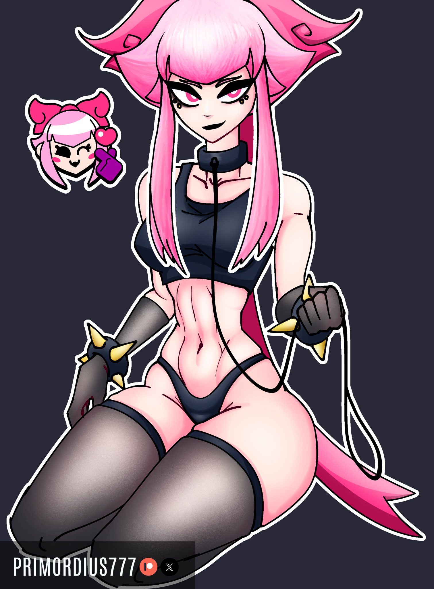 1girls, artist name, ass, black gloves, black lipstick, black panties, black stockings, black topwear, brawl stars, breasts, collar, female, female focus, female only, gloves, leash, leash and collar, light skin, light-skinned female, lipstick, melodie (brawl stars), navel, nude, nude female, on knees, panties, pink eyes, pink hair, primordius777, ribbon, simple background, solo, solo female, solo focus, spiked bracelet, stockings, thighhighs, thighs, topwear