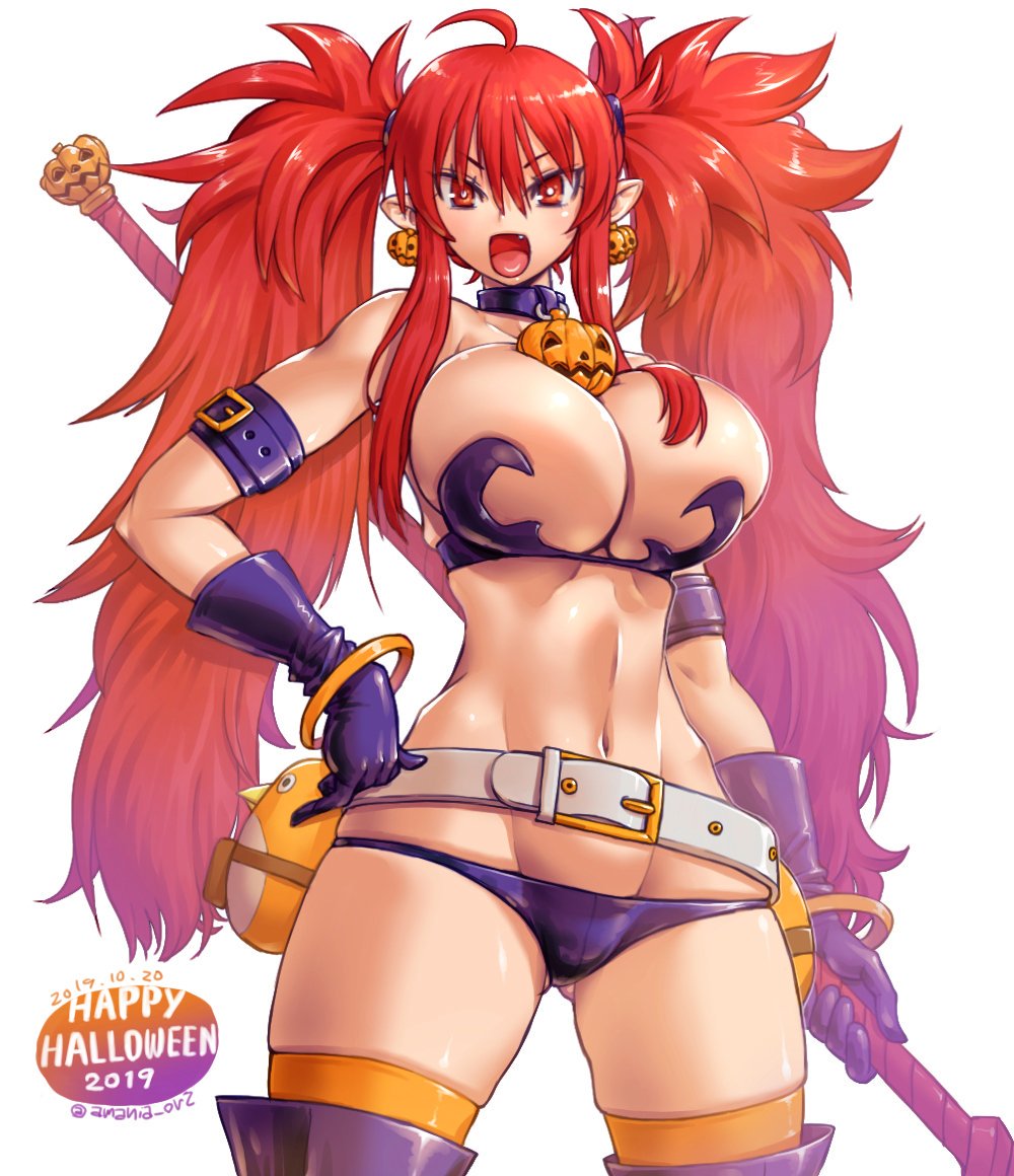 alternate_breast_size alternate_hair_length alternate_hairstyle amania_orz bare_shoulders belt black_legwear breasts bursting_breasts cleavage commentary_request dated demon_girl disgaea earrings etna eyebrows_visible_through_hair female food_themed_earrings happy huge_breasts jewelry long_hair looking_at_viewer milf nippon_ichi_software panties pointy_ears pumpkin red_eyes red_hair shiny shiny_hair shiny_skin solo staff standing thighhighs thong twintails twitter_username very_long_hair white_background wings