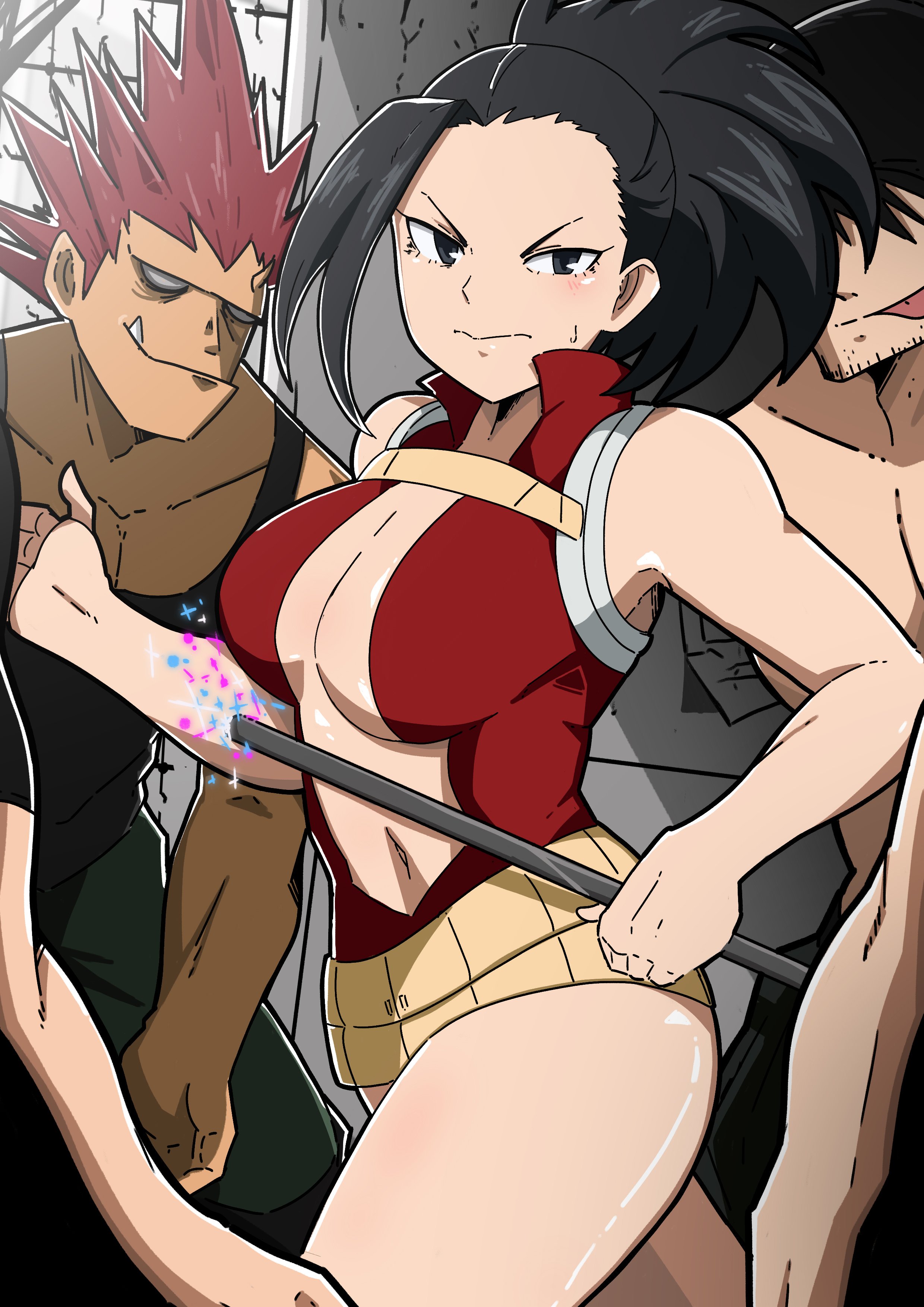 1girls, big breasts, black hair, black-haired female, breasts, female, female human, fit, fit female, fully clothed, hero outfit (mha), heroine in trouble, human, human female, human male, imminent rape, large breasts, leotard, light skin, light-skinned female, male, mark gavatino, momo yaoyorozu, momo yaoyorozu (hero outfit), my hero academia, navel, on model, ponytail, slim waist, superhero costume, superheroine, sweat, teenage female, teenager, thick thighs