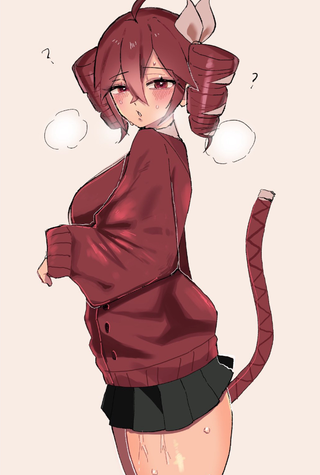 1girls, big breasts, big thighs, breasts, dore2801, flustered, kasane teto, kasane teto (sv), red eyes, red hair, skirt, sweat, synthesizer v, thick thighs