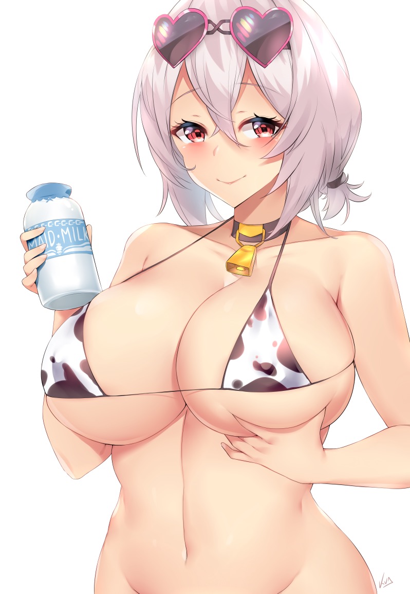 azur lane, bell, bikini, breasts, cow bikini, cow print, curvaceous, female, heart glasses, large breasts, looking to the side, sirius (azur lane), skimpy, small bikini, smile, voluptuous, water bottle, white hair