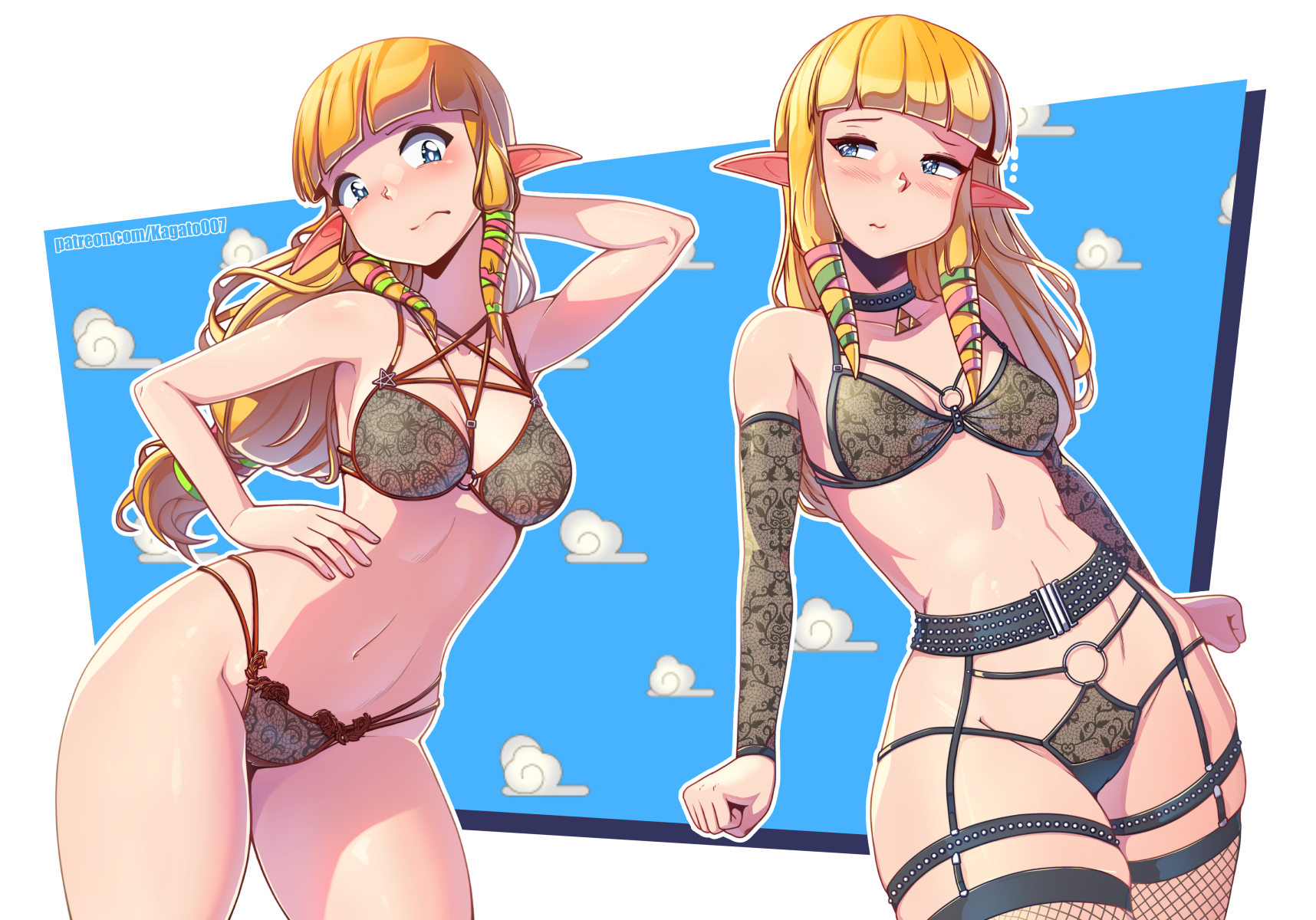 2girls, blonde hair, breasts, female, female only, fishnets, kagato007, light-skinned female, lingerie, nintendo, pointy ears, princess zelda, revealing clothes, skyward sword, the legend of zelda, thighhighs, zelda (skyward sword)